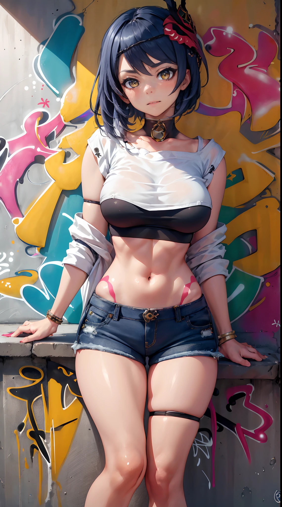 Kujou Sara Genshin Effect, masterpiece, bestquality, 1girls, mediuml breasts, bara, crop top, shorts jeans, choker, (Graffiti:1.5), color splashes, arm behind back, against wall, looking at the audience, bracelet, Thigh strap, Head tilt, bored, Beautiful long hair, Ponytail, water eyes,