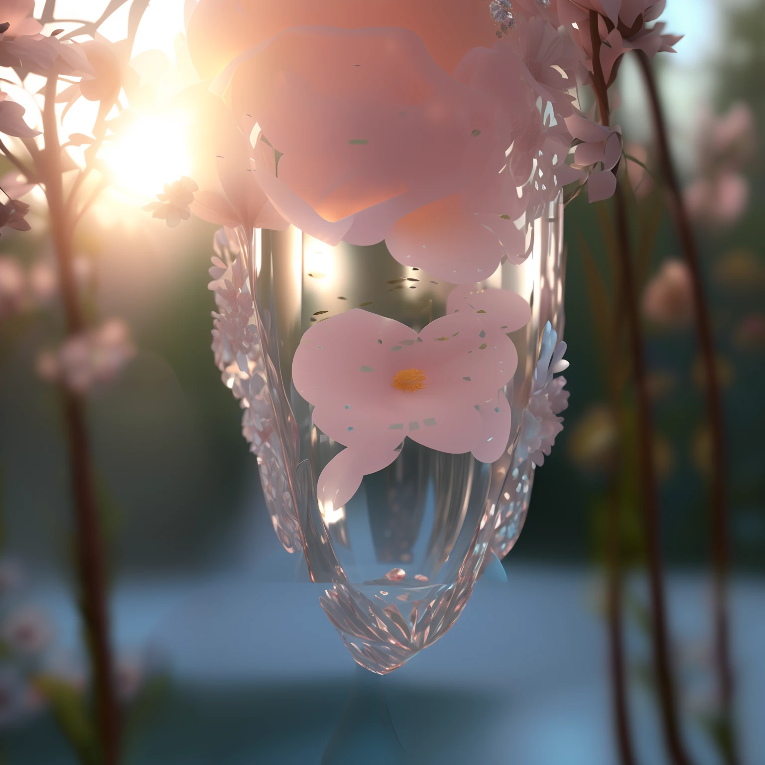 There is a glass vase，There is a flower inside, rendered in povray, rendered in houdini, rendered in keyshot, Rendered in V-Ray, beautiful flowers and crystals, Rendered in redshift, art nouveau octane render, created in octane render, rendered in maya and houdini, soft volumetric lighting, soft bloom lighting