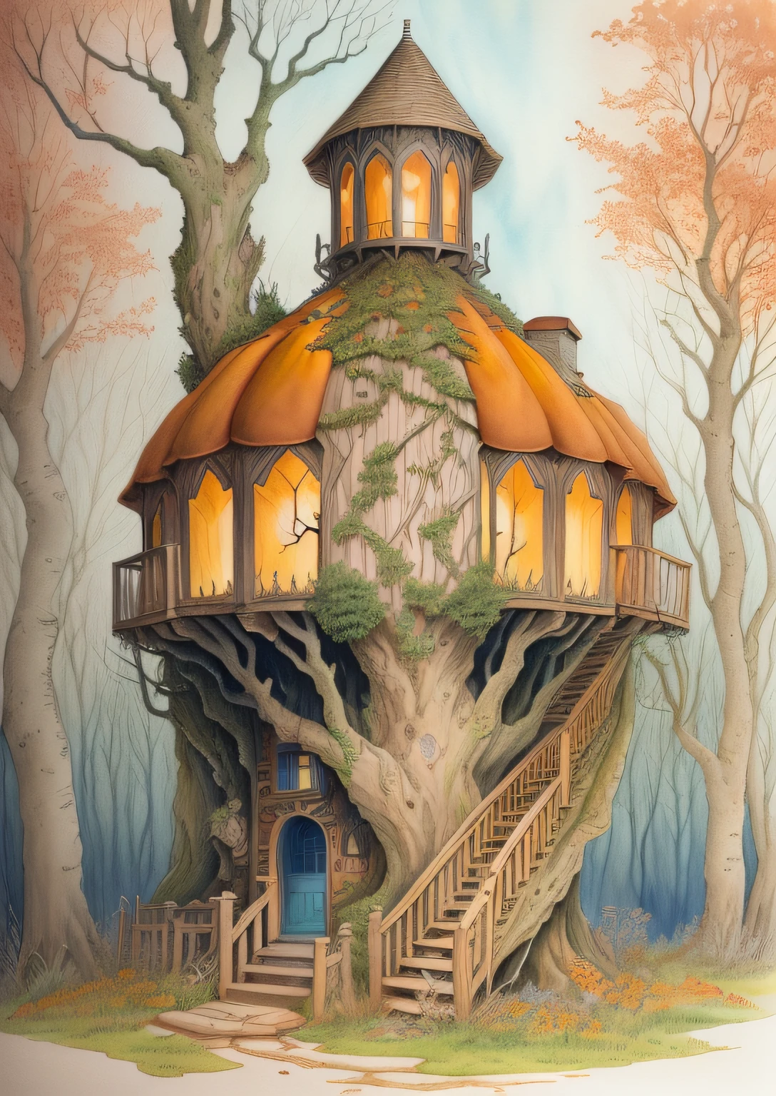 there is a drawing of a pumpkin house in the woods, coloring book page, richly detailed colored, colored in, highly detailed and colored, full color illustration, silent decay coloring, colored illustration, very detailed and colorful, full color drawing, detailed watercolor, watercolor pencil + ink drawing, fantasy coloring, water color and pen, impossibly detailed, in a tree house