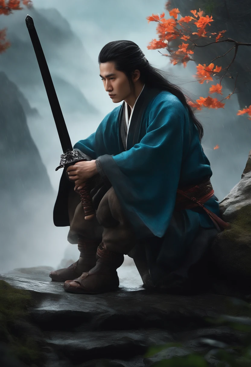 Above the lonely mountain of the Hanging Sword Gate，It's that young
figure，Sitting cross-legged for three years，The wind and rain can't move，