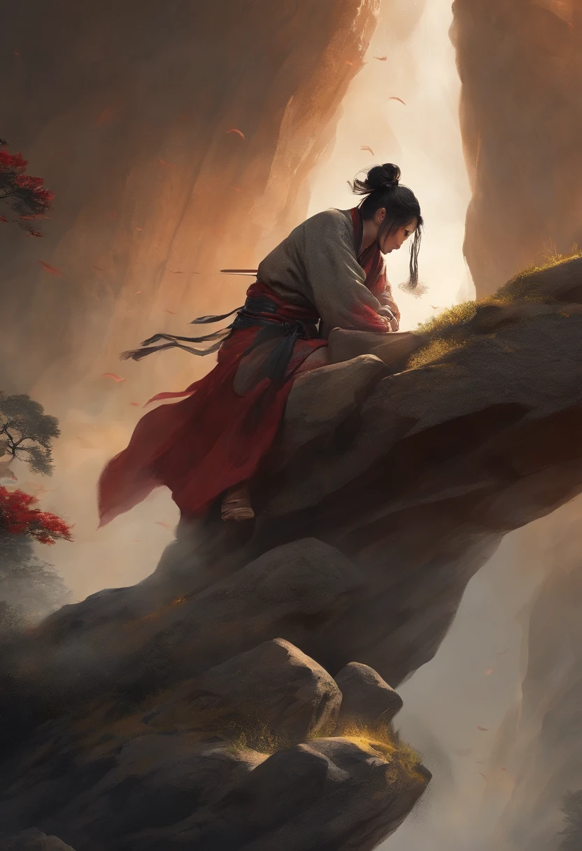 Above the lonely mountain of the Hanging Sword Gate,It's that young
figure,Sitting cross-legged for three years,The wind and rain can't move,
