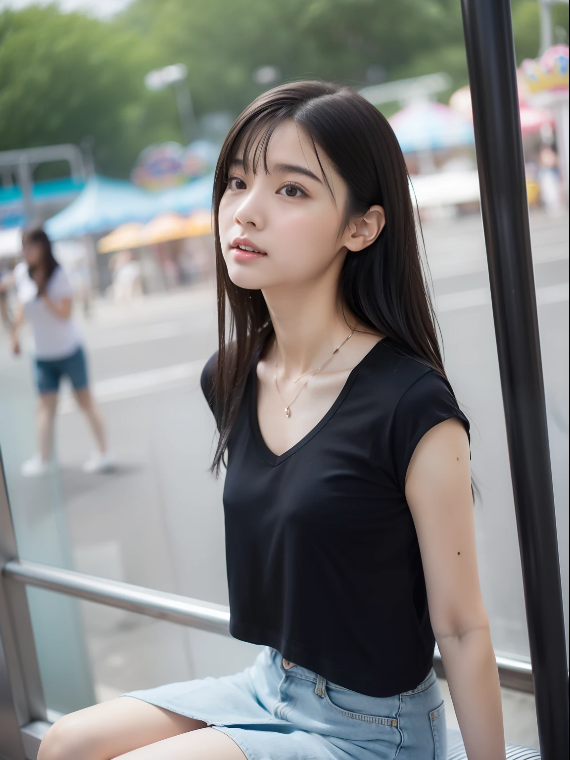 Knees，年轻，(a miniskirt)，tshirts，teens girl，Delicate body，petite body，Delicate body，small tits，tiny chest，Short，A dark-haired，Very Longhair，a shower，An amusement park，Looking Up