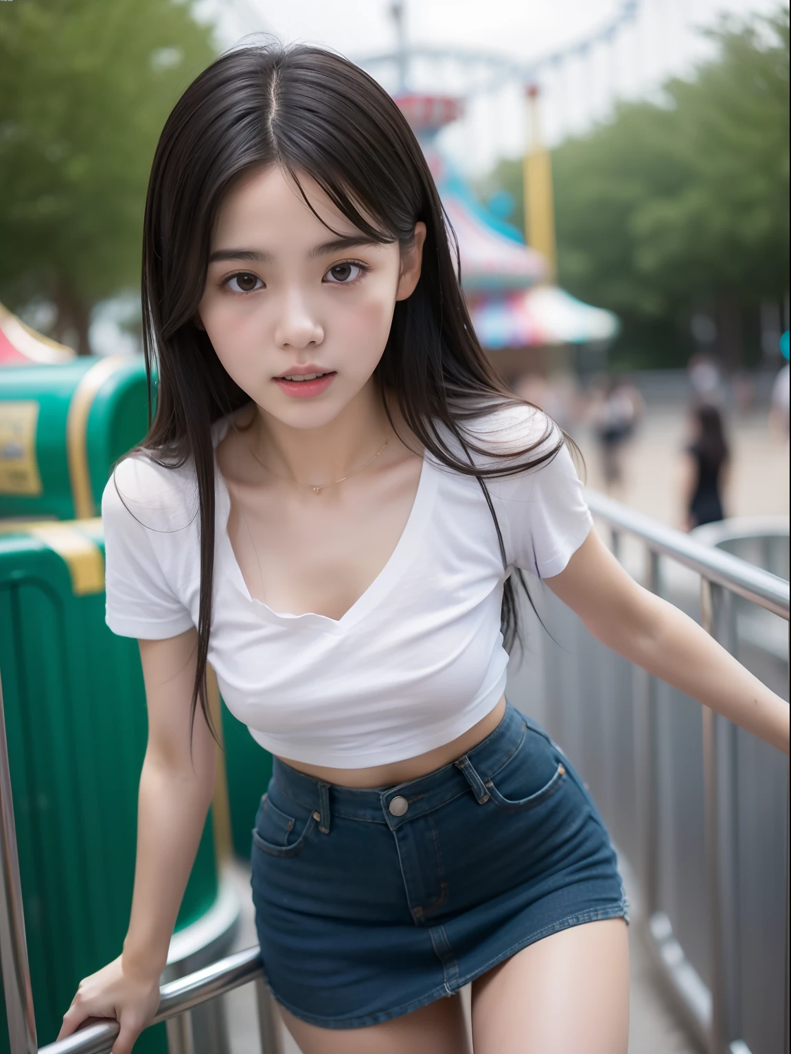 Knees，年轻，(a miniskirt)，tshirts，teens girl，Delicate body，petite body，Delicate body，small tits，tiny chest，Short，A dark-haired，Very Longhair，a shower，An amusement park，Looking Up