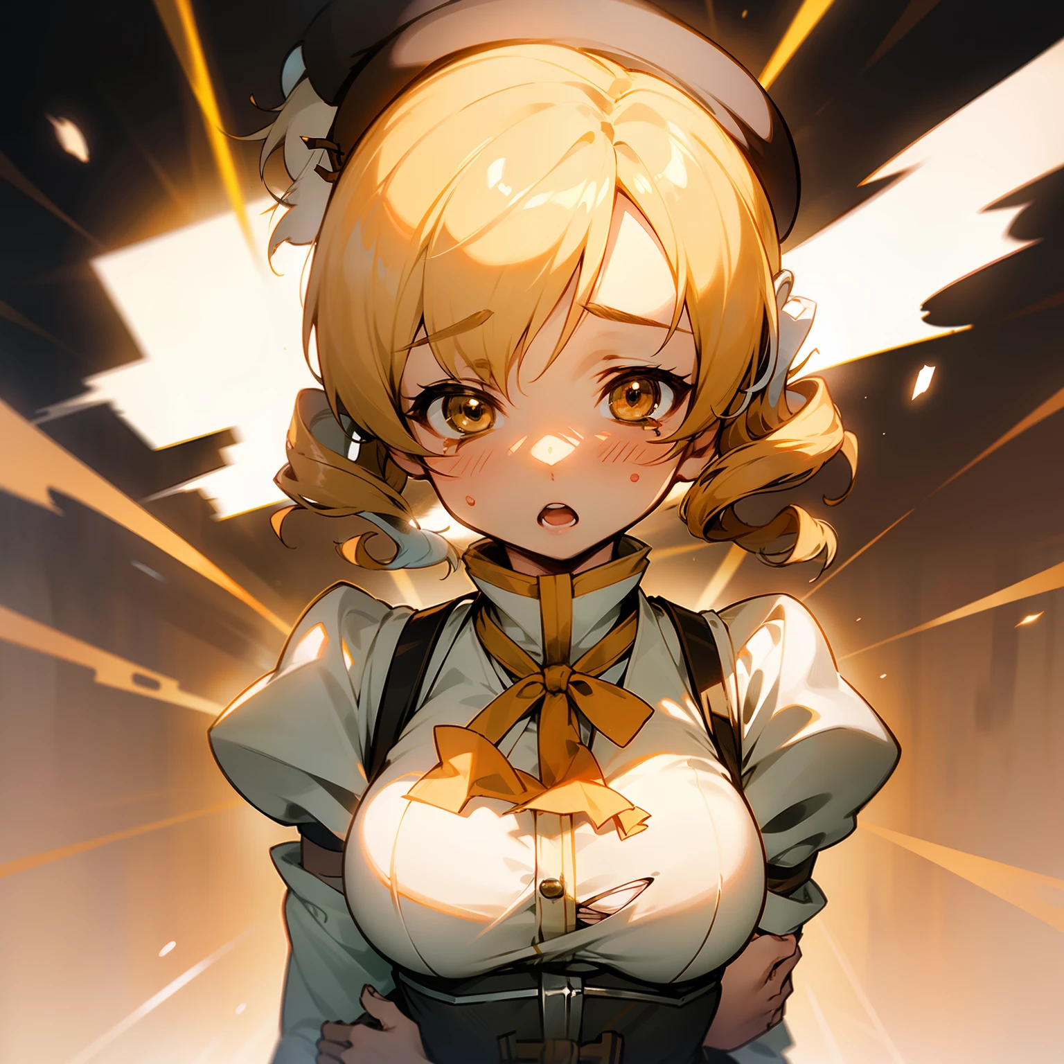 mami tomoe, delicate cute face, cinematic lighting, glow, bokeh, detailed skin, tottering, screaming, sad, tear, :o, (torn clothes:1.2), big breasts, breast bounce, choke, head shot