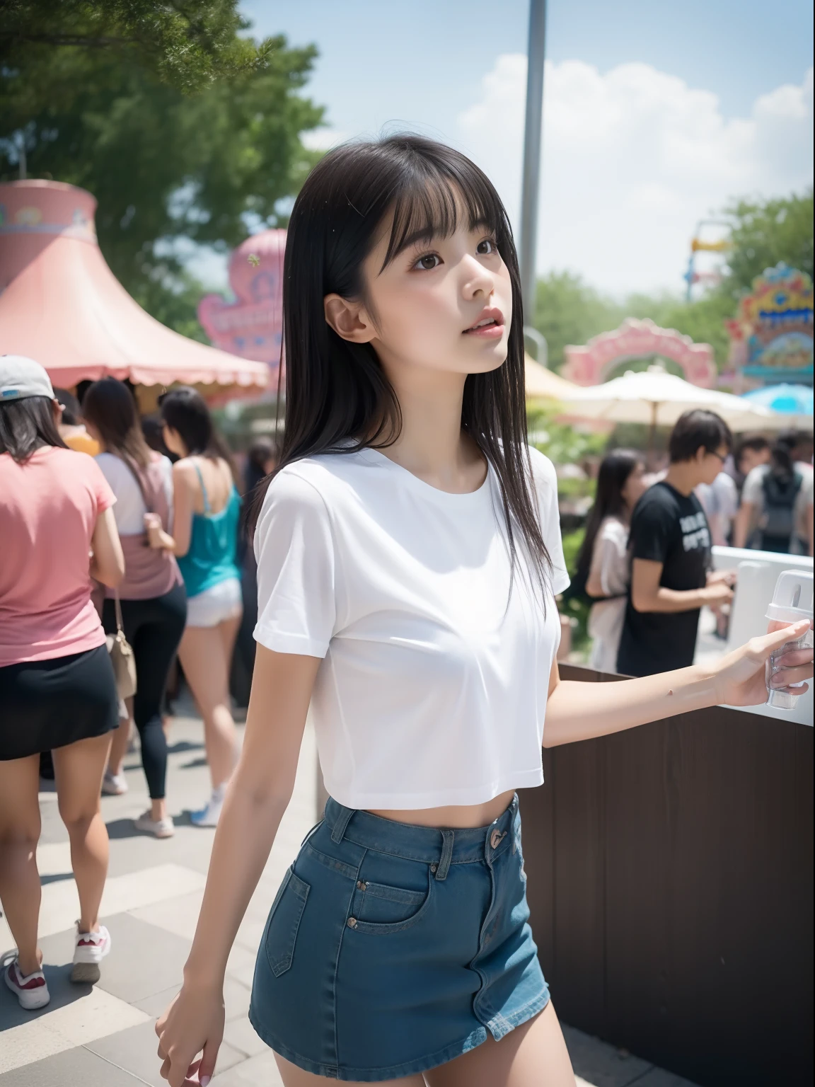 Knees，年轻，(a miniskirt)，tshirts，s girl，Delicate body，petite body，Delicate body，small tits，tiny chest，Short，A dark-haired，Very Longhair，a shower，An amusement park，Looking Up