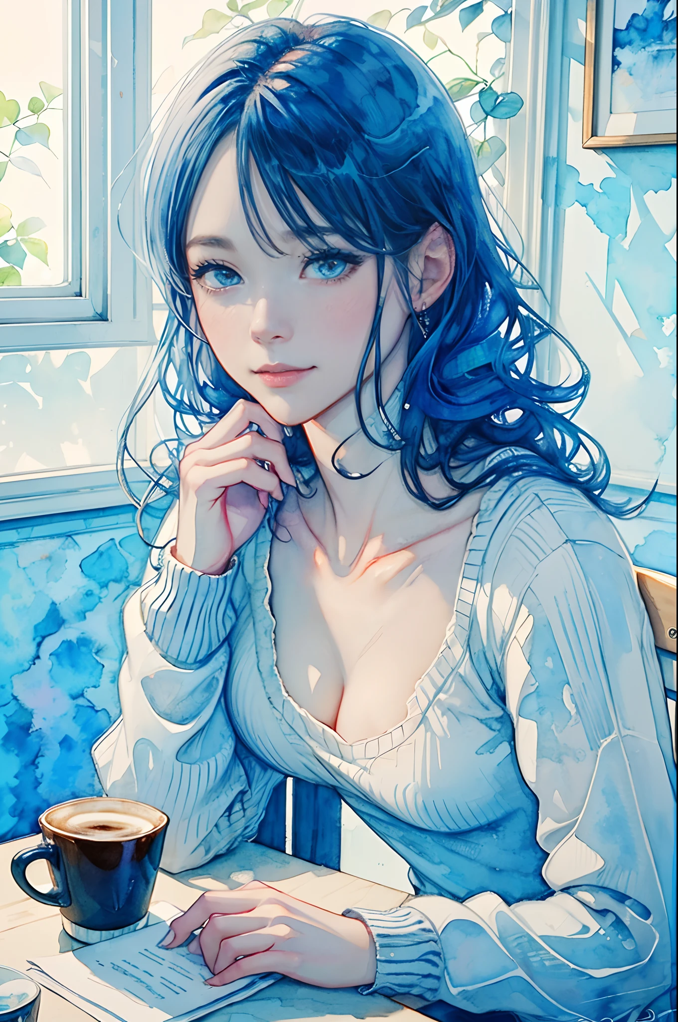 8K, masutepiece, Highest Quality, (a closeup:1.3) , 1 cute woman at 25 years old,A slight smil, A detailed eye,studying in a café, Portrait, watercolor sketch, Sunlight coming in through the window, Long wavy hair, watercolor paiting(/Medium/), watercolor paiting, Plain white camisole blouse,(Light blue sweater:1.2), Plain white tiger doll pants,cafes, 
Coffee, The table, Boken,menu, Solo Focus, nffsw,watercolor paiting