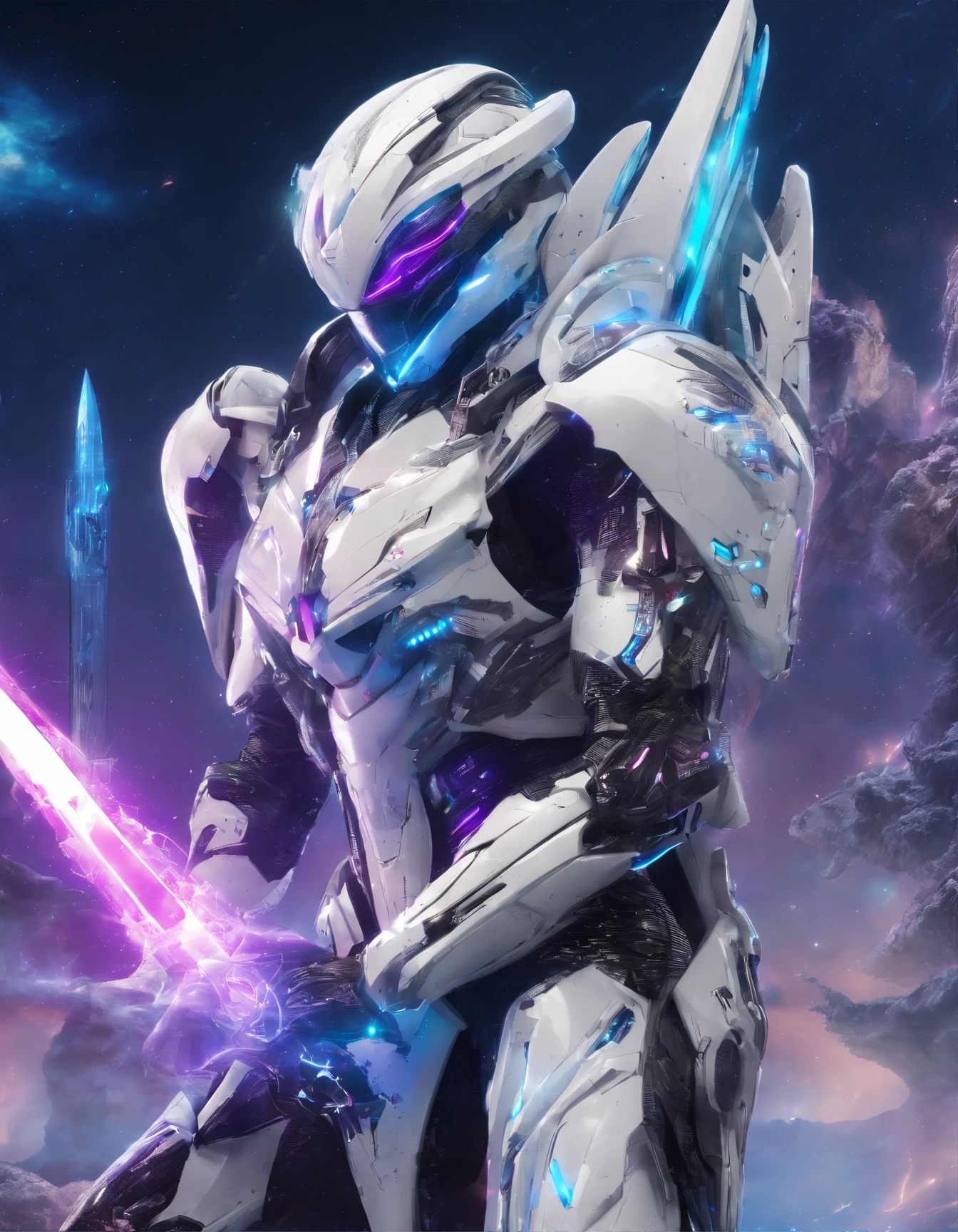 REAL SKIN WRX62, REFLECTIVE SKIN MH66, VSGX62, REAL LIFE 5D PRO, NVDIA, AMD GRAPHICS, EPIC PORTRAIT, MOVIE STYLE DYNAMIC LIGHTING PRO,(A knight wearing luminous imperator armor, white-gold armor) ,(holding glowing amethyst sword in hands) , (rage god pose), highly detailed, micro detail, intricate, 8K, hyper detailed, realistic render, unreal engine, hyperrealistic, lifelike, very coherent, fantasy, cinematic lighting, at night, epic composition, masterpiece, cinematic