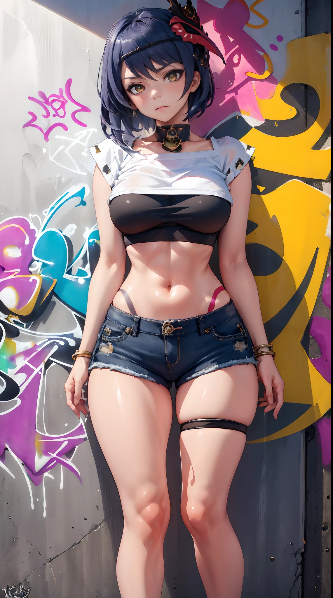 Kujou Sara Genshin Effect, masterpiece, bestquality, 1girls, mediuml breasts, bara, crop top, shorts jeans, choker, (Graffiti:1.5), color splashes, arm behind back, against wall, looking at the audience, bracelet, Thigh strap, Head tilt, bored, ponytail, water eyes,