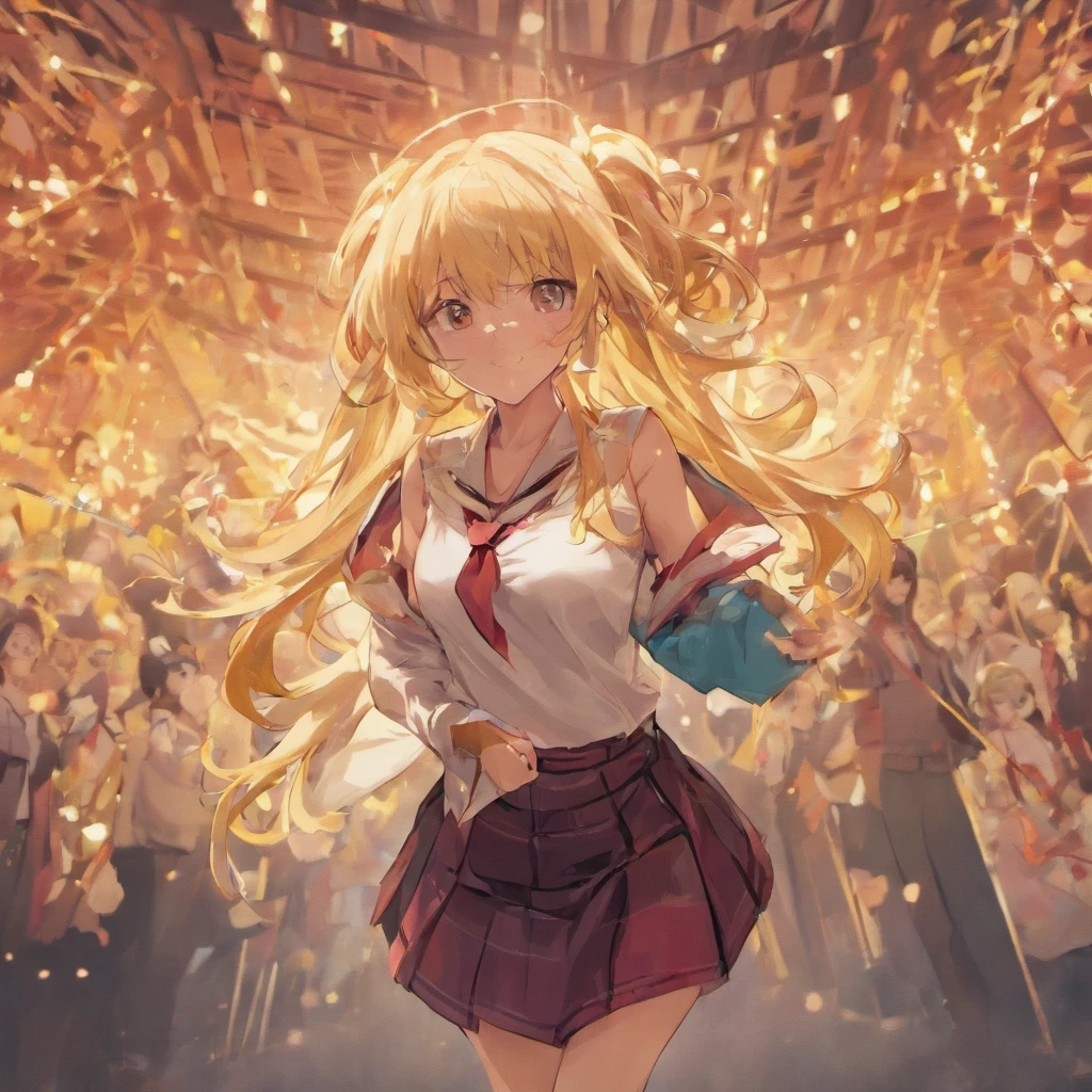 masterpiece, best quality, highres, kitagawa marin, 1girl, blonde hair, long hair, multicolored hair, red eyes, jewelry, earrings, piercing, school uniform, white shirt, tied shirt, black choker, blue necktie, plaid skirt, grin, smile, standing, cowboy shot, outdoors,