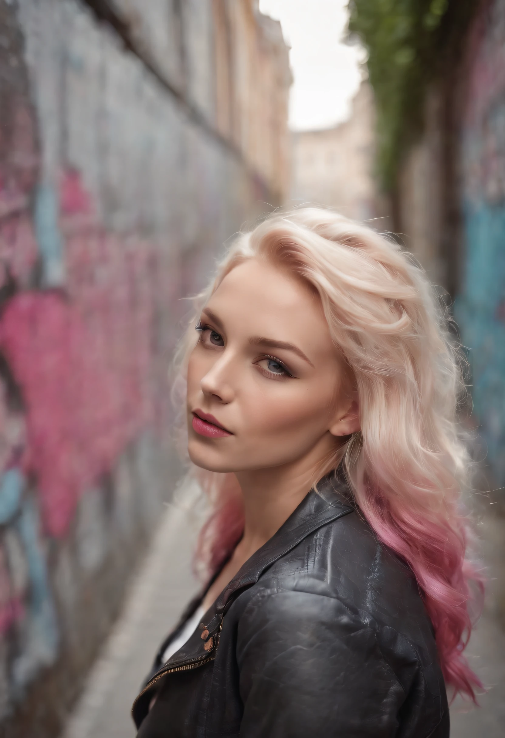 sensual woman, blonde with pink locks, girl dressed street style with fashionable cologne clothes in a city alley with graffiti walls, realistic image, high quality
