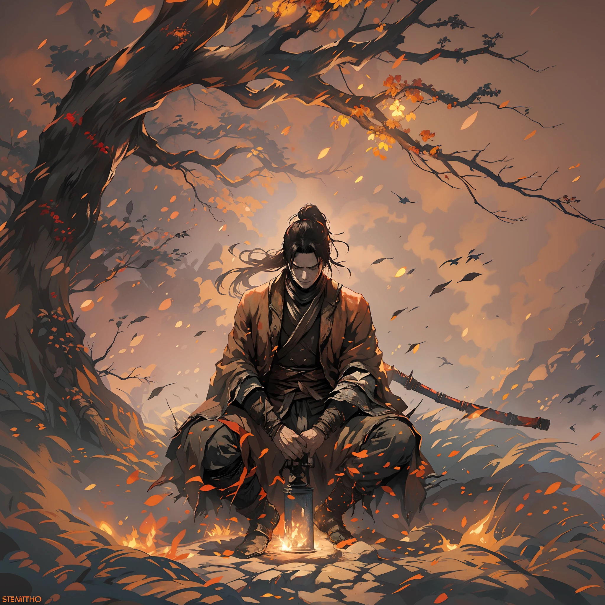 1hombre, solamente, Anillo Elden, meditando junto antorcha, sentado junto al fuego, transmitido por la sangre, Almas oscuras, (((Las sombras de SEKIRO mueren dos veces))),