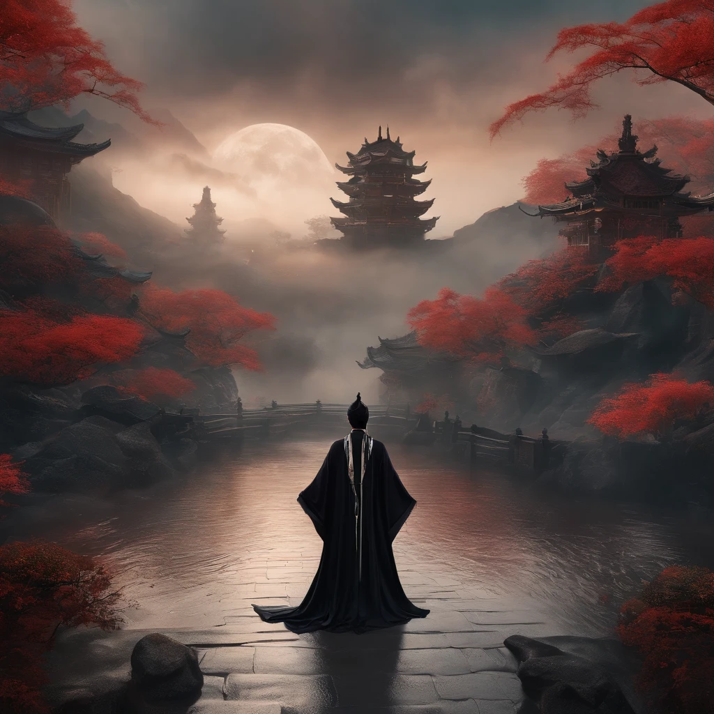 cyber punk perssonage,Taoist robes,cultivating immortals,water ink,High hills,self-assured,Fairy wind road bone,Blood flow in the background
