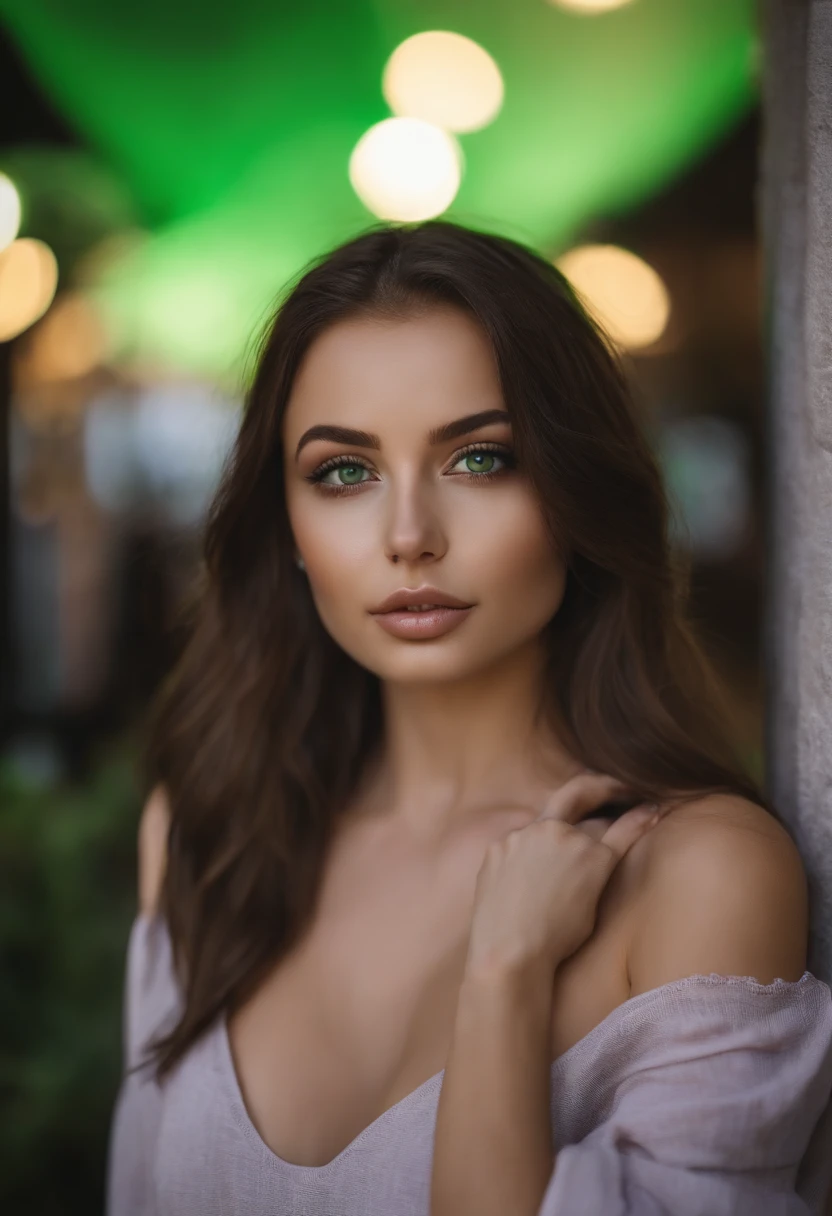 arafed woman with large breasts, sexy girl with green eyes, portrait sophie mudd, brown hair and large eyes, selfie of a young woman, violet myers, without makeup, natural makeup, looking directly at the camera, face with artgram, subtle makeup, piercing green eyes, beautiful angle, cute girl, full body picture, brunette goddess, high detail, night club, party, fun