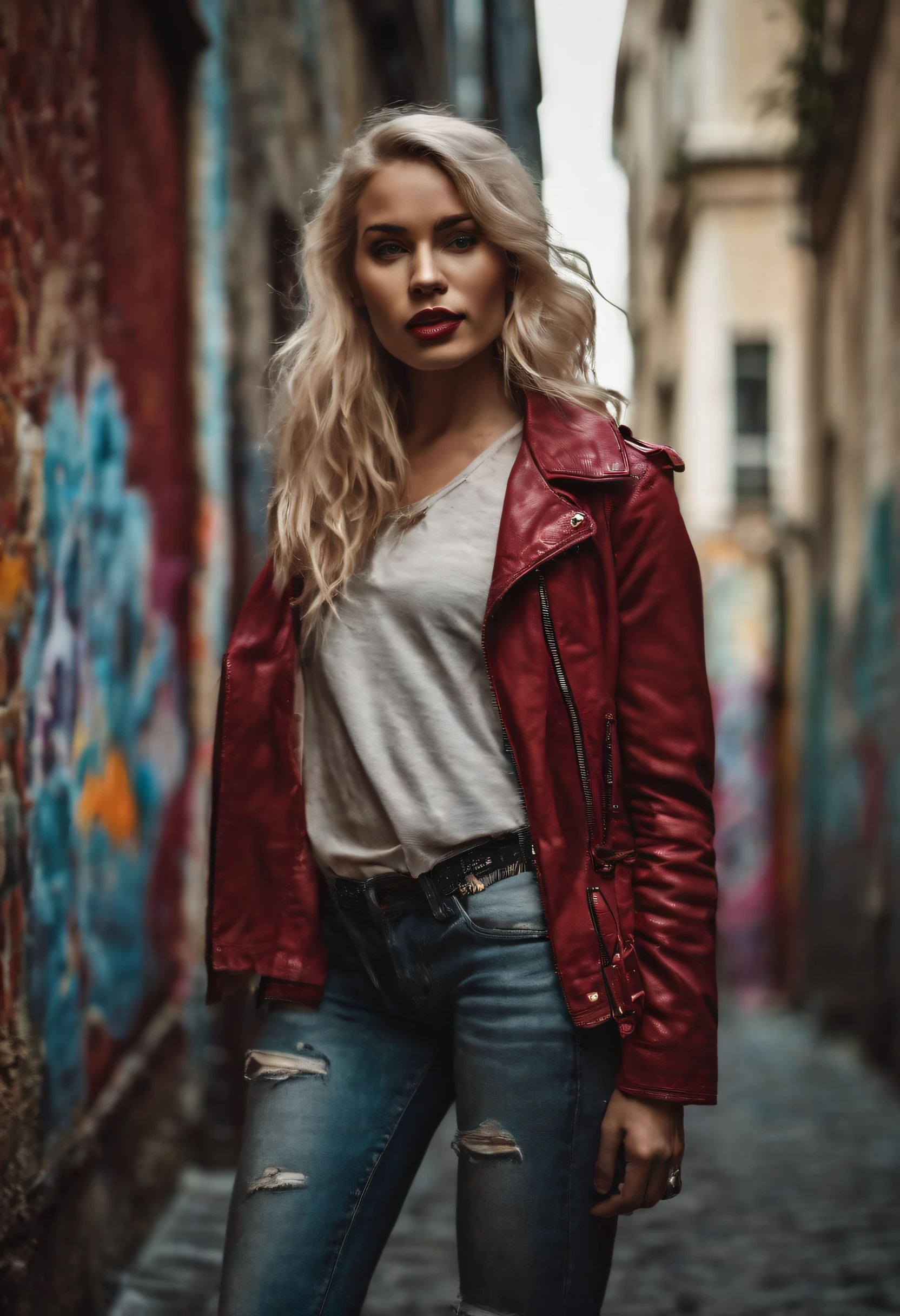 sensual woman, blonde with pink locks, girl dressed street style with fashionable cologne clothes in a city alley with graffiti walls, realistic image, high quality