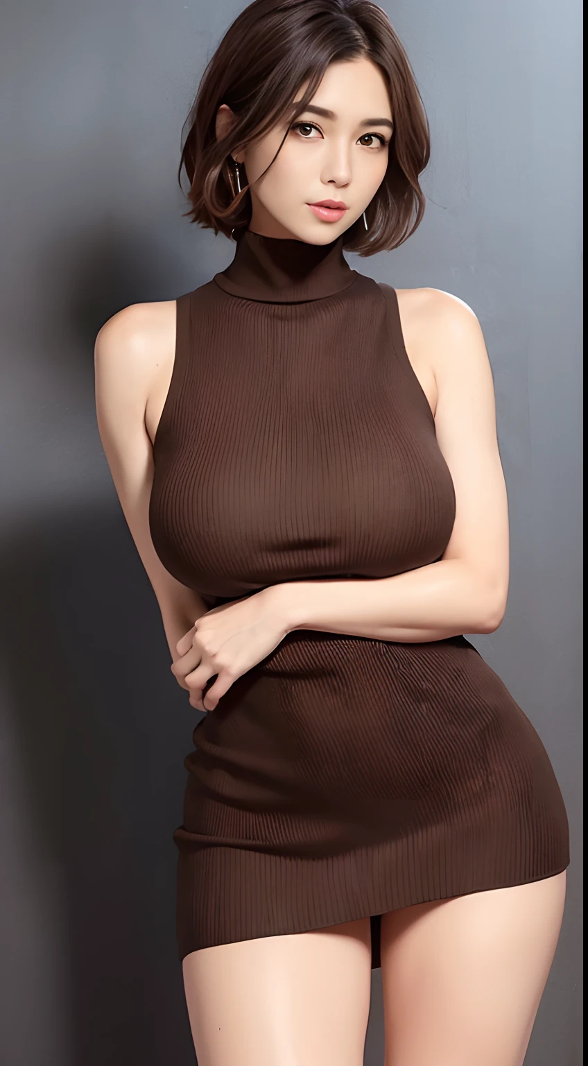 Man head on woman body with big breasts thin waist and super big ass in short dress with neckline showing bra