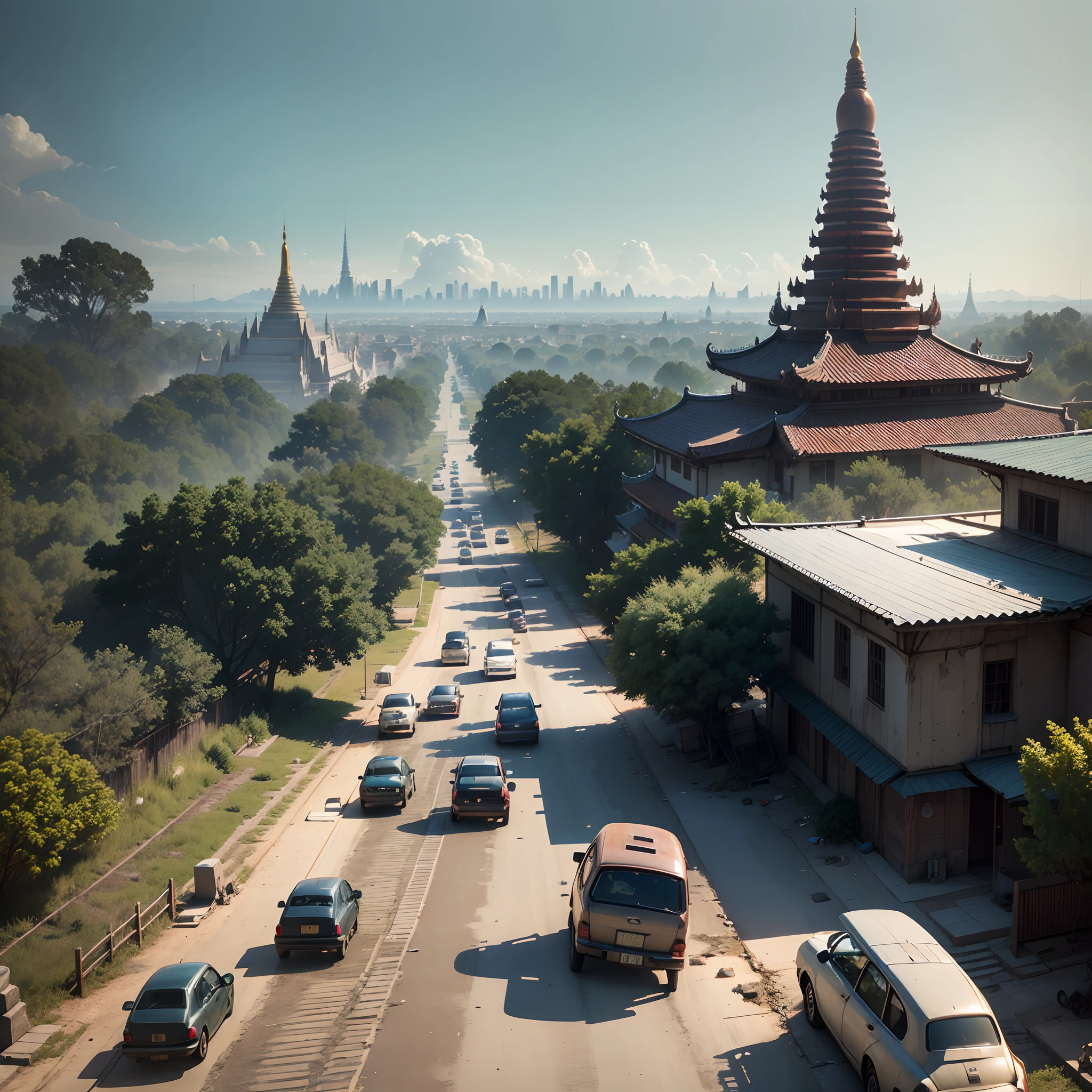arafed view of a city street with a golden pagoda in the background, myanmar, pagoda, temple in the background, surrounding the city, large temples, buddhist temple, street view, temple in the distance, golden towers, full - view, a temple, front side view, street level view, in a city with a rich history, ((best quality)), ((masterpiece)), ((realistic)), (detailed), abandoned wasted city, rusty muscle car standing on a street, Fallout, everything covered with dust, postapocalyptic, herds of dogs looking for some food, ((close shot, 35 mm)), realism, exploration, cinematic, realistic, octane render, unreal engine, hyper detailed, volumetric light, moody cinematic epic concept art, realistic matte painting, concept art, insanely detailed, , ((masterpiece)), absurdres, HDR --auto --s2