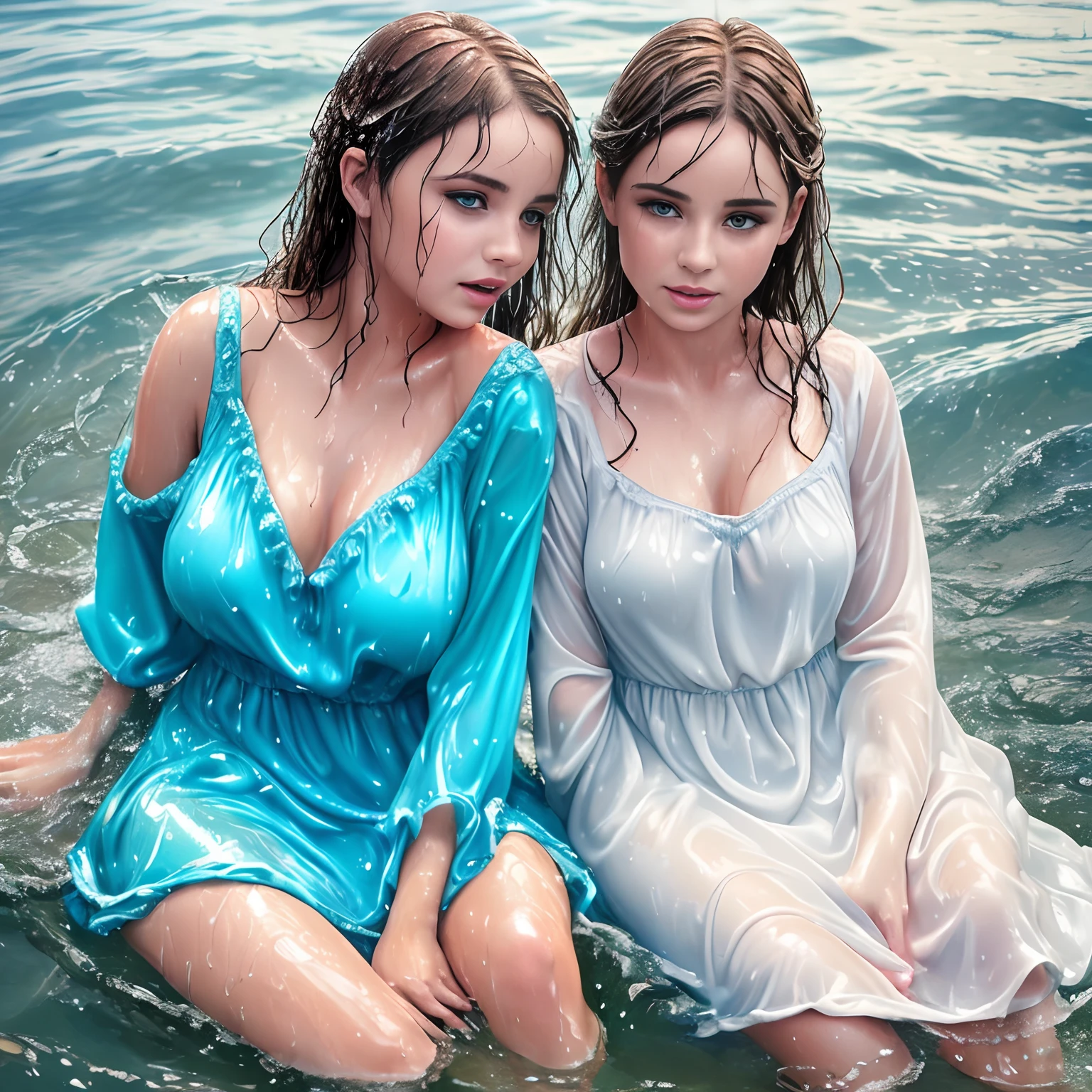 20 yo aussie girls playing in the water, at the beach, sunset, twilight hour, magic hour, wet sand, waves, long sleeves, 2 girls, ((lace teddy)), ((chemise)), closeup fantasy with water magic, beautiful maidens, playful, (splashing) wearing a skirt made of water, cleavage, photorealistic, dripping wet, in water up to their shoulders, beautiful realistic photo, nymph in the water, hyperrealist portrait at seaside, hyperrealistic fantasy photo, splashing,  playing with each other, cute shot, narrow depth of field, 8k,  ((drenched)), ((soaked)), (dripping water), dripping oil, heavy clothes, soaked in oil, wet all over, rouge lipstick, wet dripping hair, varied hair, smiling, ((see through)), varied poses, tropical beach