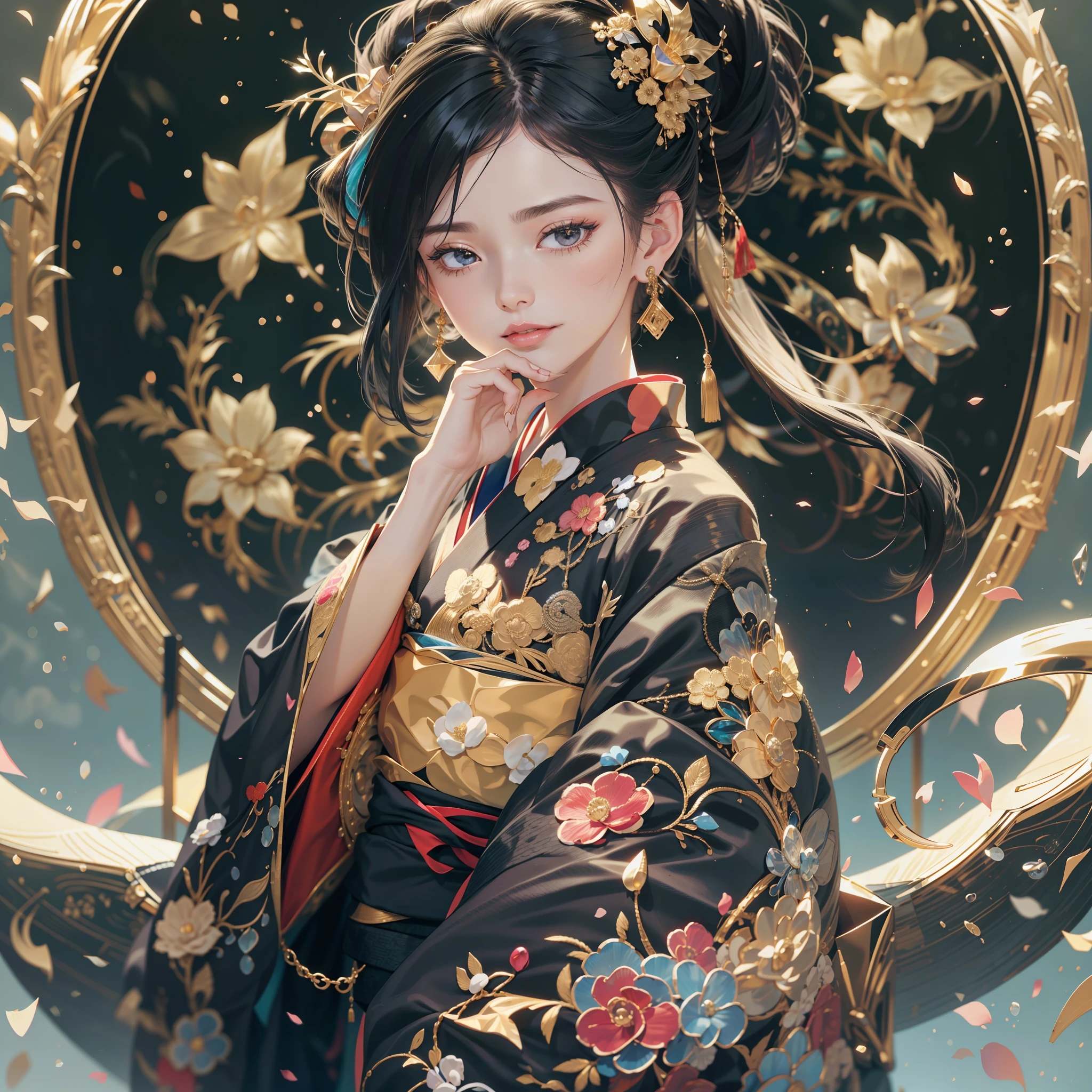 watching at viewers,Dark background Gugnaw、starryskybackground,dense background),perfect hand、Break Ponytail、Woman with shiny black hair、 elaborate costume{Luxury kimono(Colorful kimono(Detailed golden embroidery,))}、face perfect,Depict a beautiful and graceful woman of Japan。Heart in the eye。full body Esbian。 Wallpaper 8K, .Blur the background with a sickle,((masutepiece)), ((Best Quality))