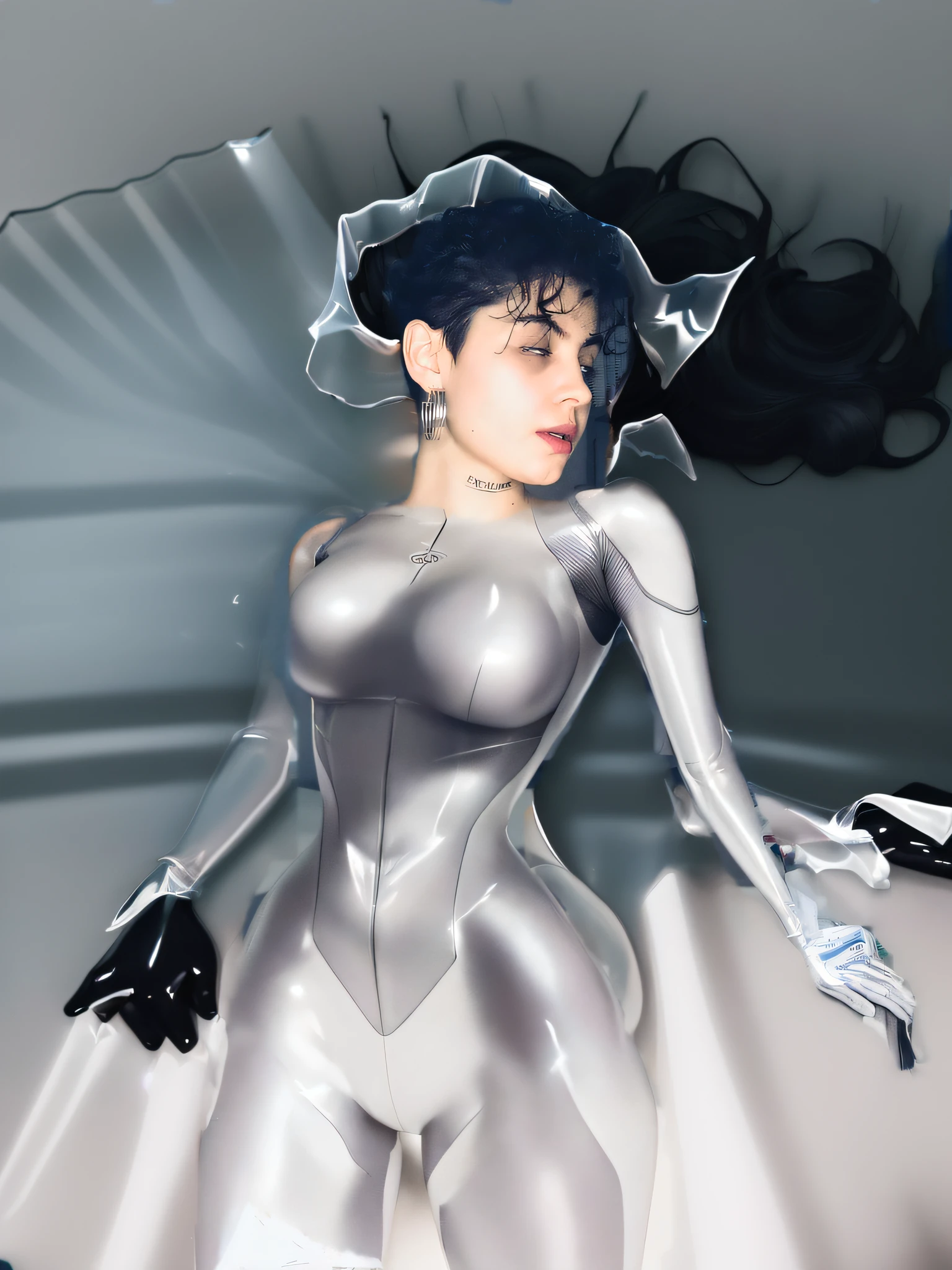 ((qualidade superior)),( a thin bed of translucent latex, quarto na cor preta:1.4)