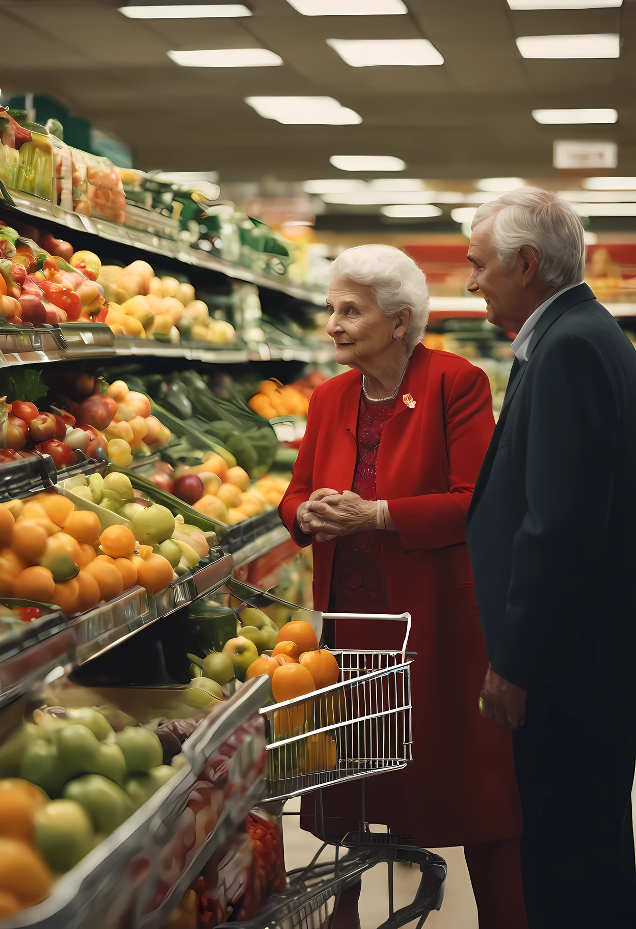 Supermarket manager talking to an old woman