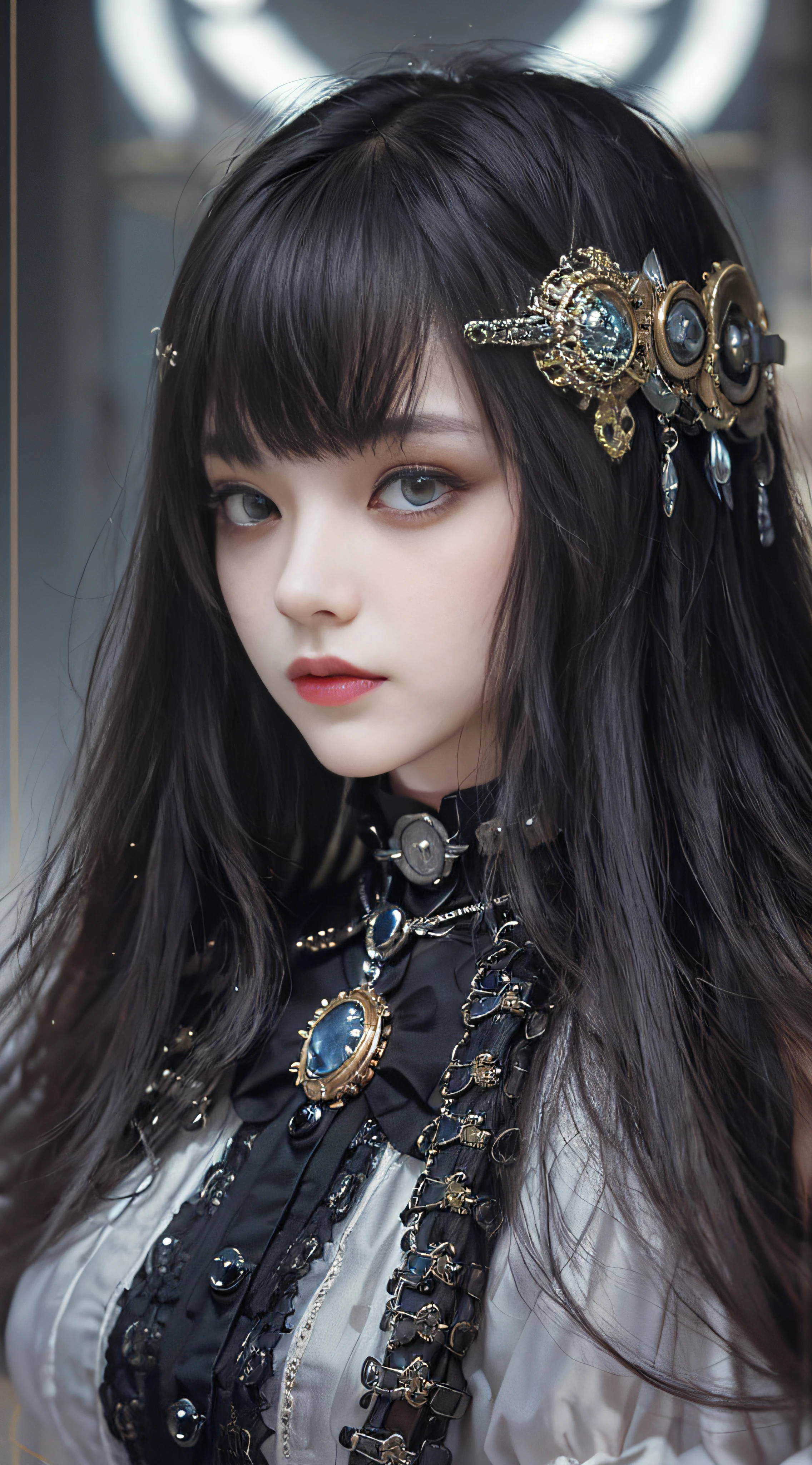 (((Masterpiece, top quality, ultra-detailed))), (((1 Infinity Mage Girl))), 14 years old, (((very detailed face))), small thin nose, small thin-lipped mouth, (((very sharp focused eyes))), very large slit precision pale grey eyes, sparkling like jewels. Very long eyelashes, long black hair in black vertical curls, with fringes, ((Steampunk fashion, Gothic Lolita fashion))