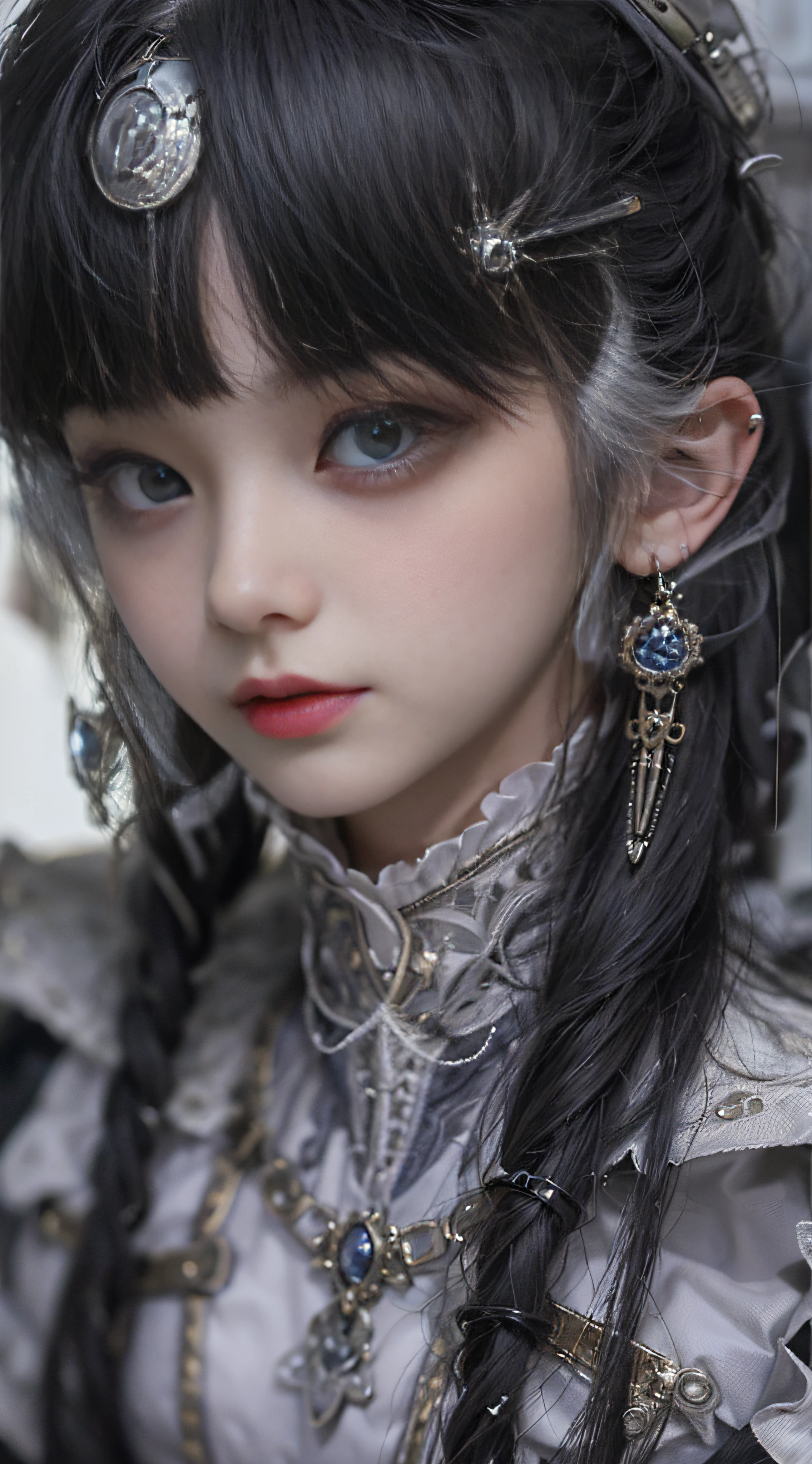 (((Masterpiece, top quality, ultra-detailed))), (((1 Infinity Mage Girl))), 14 years old, (((very detailed face))), small thin nose, small thin-lipped mouth, (((very sharp focused eyes))), very large slit precision pale grey eyes, sparkling like jewels. Very long eyelashes, long black hair in black vertical curls, with fringes, ((Steampunk fashion, Gothic Lolita fashion))