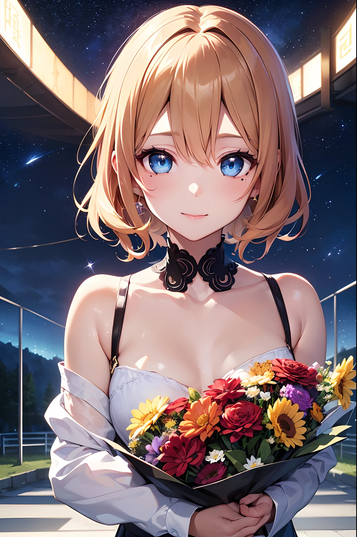 (Girl with a nasty appearance:1.3)、(NOWAI:1.5)、(and chest:1.4)、Raw photography, top-quality, hight resolution, (masterpiece), (Photorealsitic:1.4), (Mole under the eyes),Anime Cosplay, foco nítido, nffsw, 8K分辨率, intricate detailes, depth of fields, the Extremely Detailed CG Unity 8K Wallpapers, front lit, femele,25-years old、 Happy face、(Odango Hair:1.5)、(A big bouquet in his hands:1.5)、see -through、(Medium Gold Hair)、blue eyess,(Stars in the eyes:1.5)、(robe blanche:1.3)、(Shining starry sky:1.4)