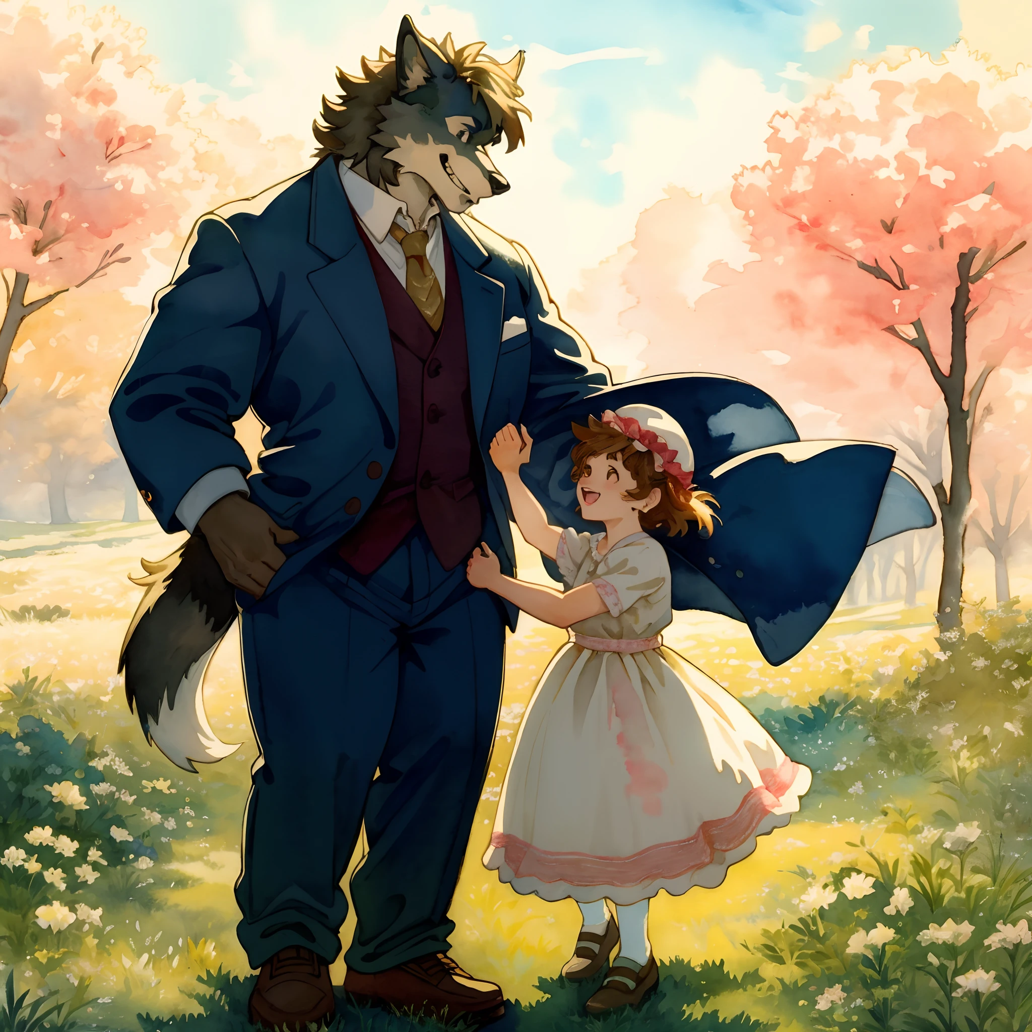 watercolor, soft color, Vintage images, highres, unparalleled masterpiece, absurdres, love story of human Child girl and giant Werewolf, love romance, Detectives and assistants, family photograph, pair, Height difference, Physical difference, perfect anatomy, smile, joyful, play with, smile, happy, watercolor,