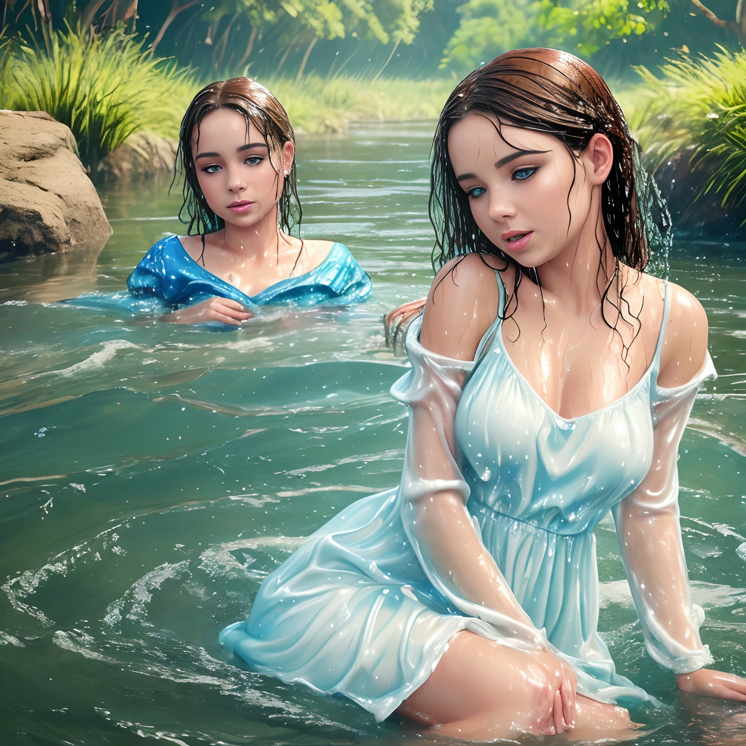 Two scandinavian women sitting in the water, girls, shapely, layered clothing, (long sleeved shirt), (vest), (denim pants), colorful clothes, glistening wet, clinging, closeup fantasy with water magic, beautiful maidens, lesbian, looking at each other, happy, smiling, leaning in, touching, lips touching, excited, realistic oil painting, dripping wet, in water up to their shoulders, beautiful realistic photo, nymph in the water, hyperrealist portrait in a river, hyperrealistic fantasy photo, splashing, realistic fantasy painting, cute shot, narrow depth of field, 8k, ((drenched)), ((soaked)), ((dripping water)), dripping oil, heavy clothes, soaked in oil, wet all over, wet dripping hair, varied poses, wet hair, see through, nsfw