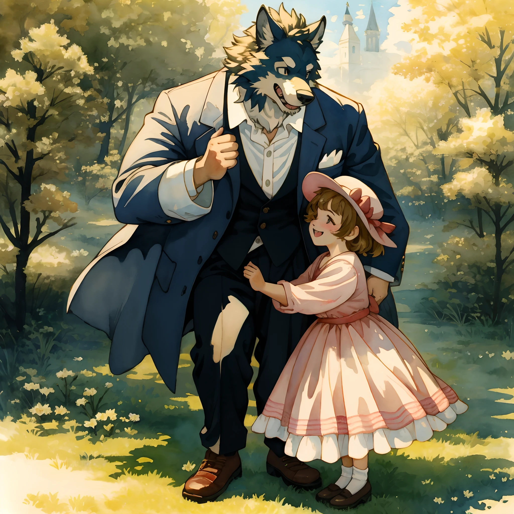 watercolor, soft color, Vintage images, highres, unparalleled masterpiece, absurdres, love story of human Child girl and giant Werewolf, love romance, Detectives and assistants, family photograph, pair, Height difference, Physical difference, perfect anatomy, smile, joyful, play with, smile, happy, watercolor,
