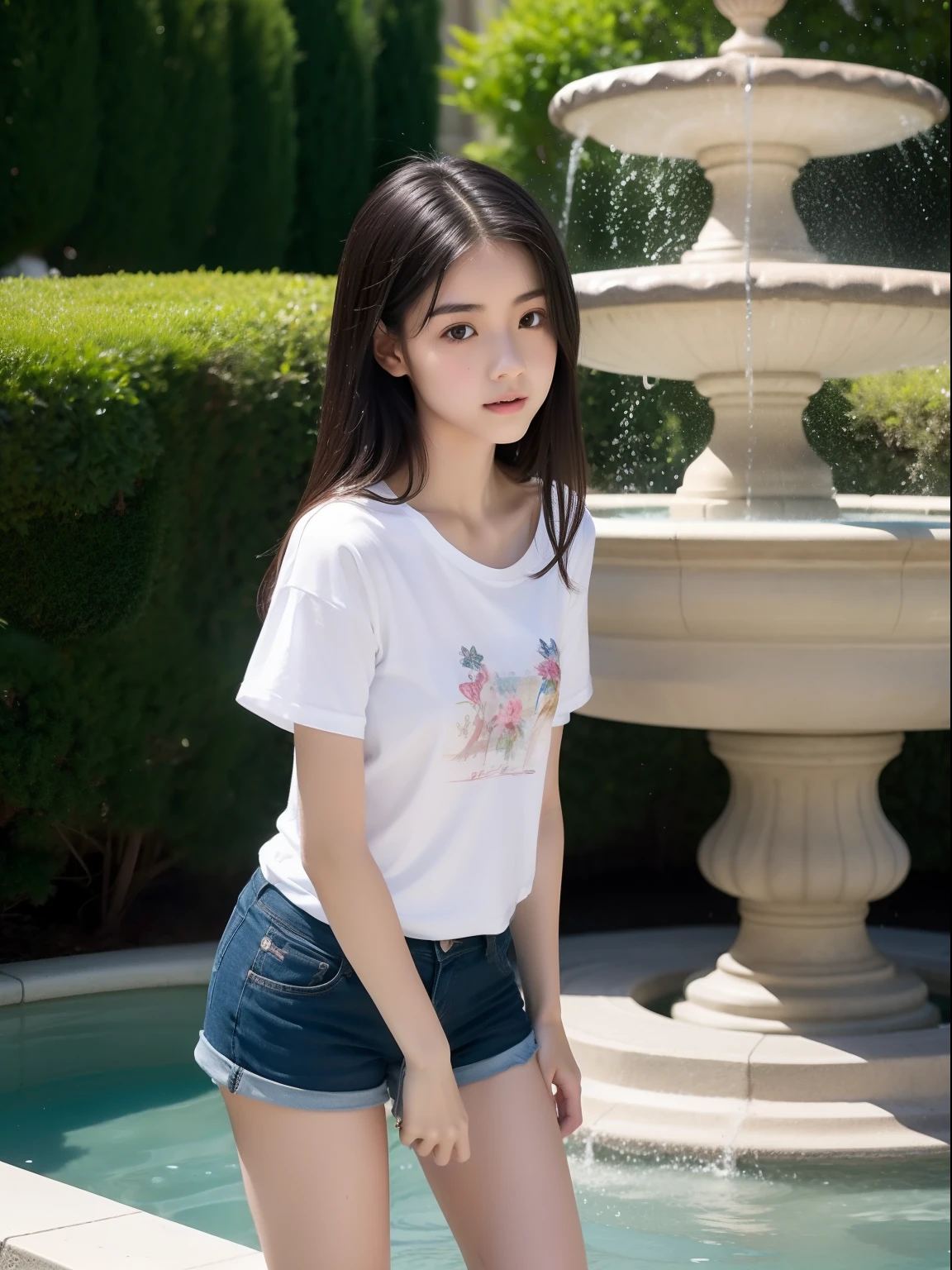 年轻,(shortpants),tshirts,teens girl,Delicate body,petite body,Delicate body,small tits,tiny chest,Short,A dark-haired,Very Longhair,The fountain,playing in the water