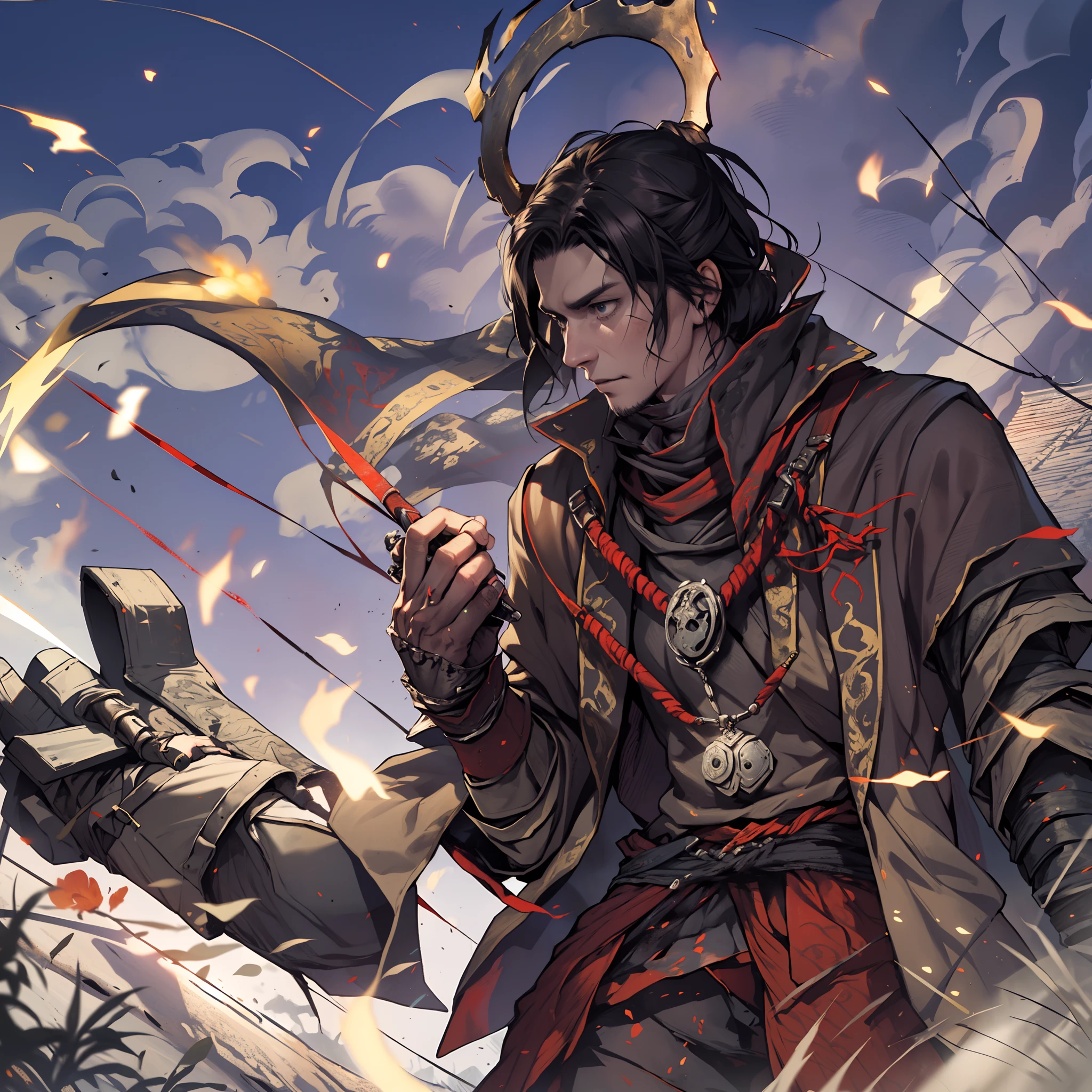 1hombre, solamente, Anillo Elden, meditando junto antorcha, sentado junto al fuego, transmitido por la sangre, Almas oscuras, (((Las sombras de SEKIRO mueren dos veces))),