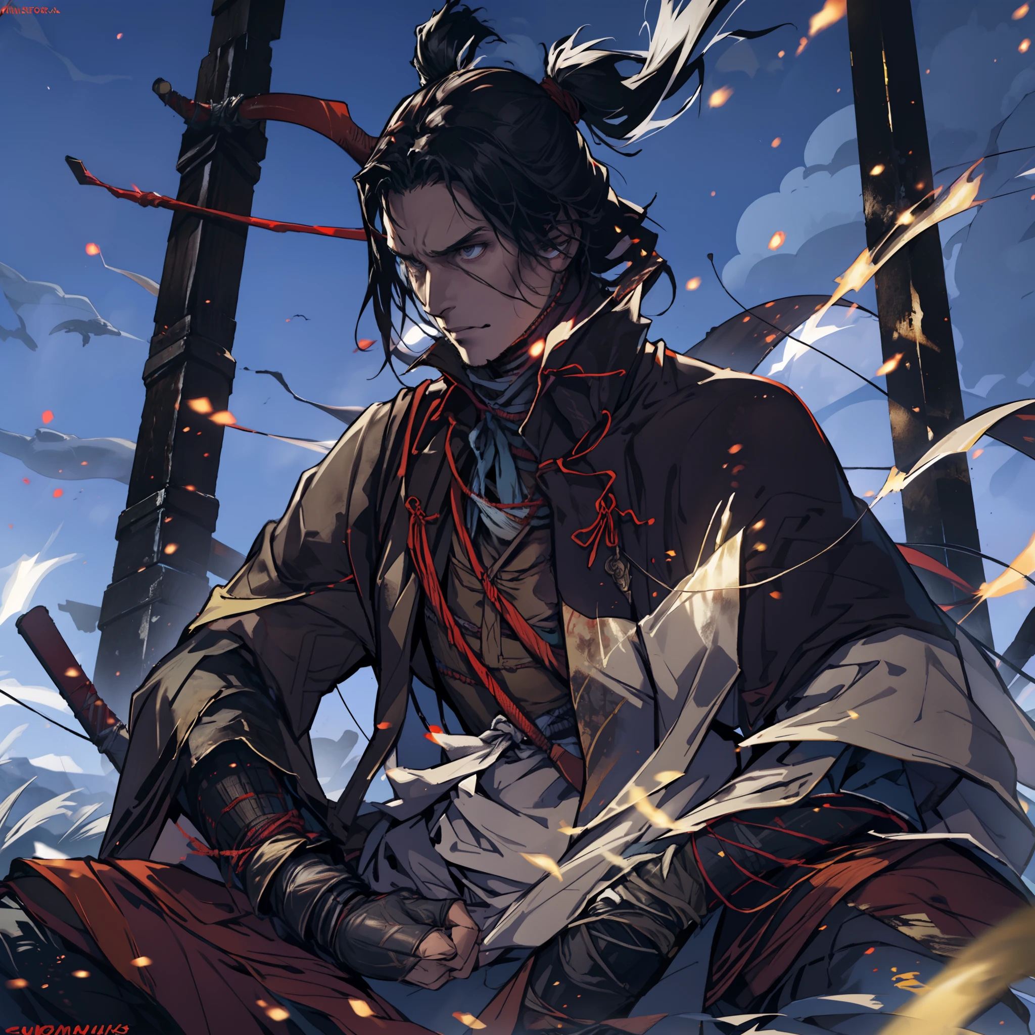 1hombre, solamente, Anillo Elden, meditando junto antorcha, sentado junto al fuego, transmitido por la sangre, Almas oscuras, (((Las sombras de SEKIRO mueren dos veces))),