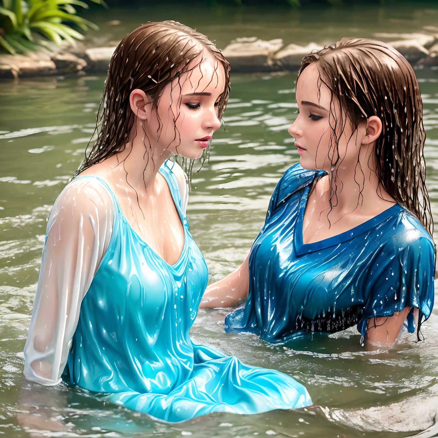 Two scandinavian women sitting in the water, girls, shapely, layered clothing, (long sleeved shirt), (vest), (denim pants), colorful clothes, glistening wet, clinging, closeup fantasy with water magic, beautiful maidens, lesbian, looking at each other, happy, smiling, leaning in, touching, lips touching, excited, realistic oil painting, dripping wet, in water up to their shoulders, beautiful realistic photo, nymph in the water, hyperrealist portrait in a river, hyperrealistic fantasy photo, splashing, realistic fantasy painting, cute shot, narrow depth of field, 8k, ((drenched)), ((soaked)), ((dripping water)), dripping oil, heavy clothes, soaked in oil, wet all over, wet dripping hair, varied poses, wet hair, see through, nsfw