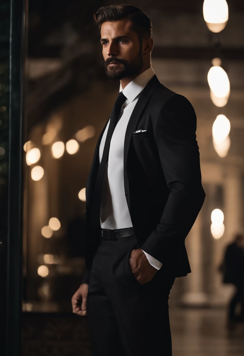 Make a handsome man in his 30s in a black suit and tie, consejero delegado, brown hair and beard, (Hombre vestido con traje negro con corbata), ), (Uso de la barba,) Aspecto atractivo y serio, cabello corto y oscuro, Elegante y con estilo, Cuerpo afeitado y fuerte ajustado en traje, (Alta calidad e imagen realista), En el fondo de la imagen negro oscuro y luces, Film style, ((mejor calidad, 8k, obra-prima), hyperdetailed photography, (Hermosa cara detallada, Detalle de la textura de la piel, Cuerpo ultra detallado:1.1)