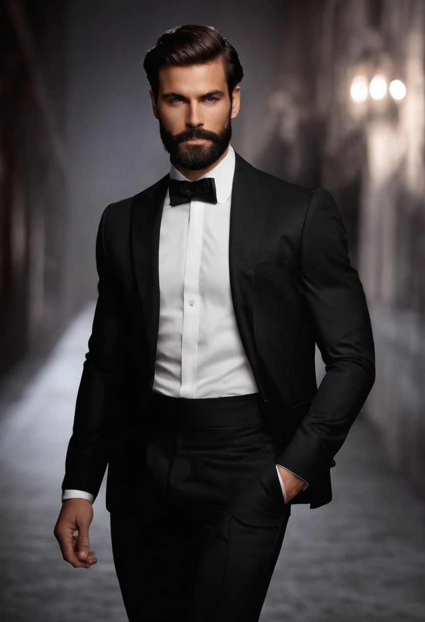 Make a handsome man in his 30s in a black suit and tie, consejero delegado, brown hair and beard, (Hombre vestido con traje negro con corbata), ), (Uso de la barba,) Aspecto atractivo y serio, cabello corto y oscuro, Elegante y con estilo, Cuerpo afeitado y fuerte ajustado en traje, (Alta calidad e imagen realista), En el fondo de la imagen negro oscuro y luces, Film style, ((mejor calidad, 8k, obra-prima), hyperdetailed photography, (Hermosa cara detallada, Detalle de la textura de la piel, Cuerpo ultra detallado:1.1)