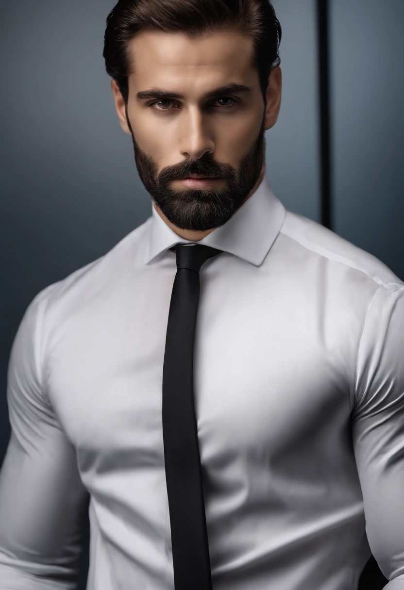 Make a handsome man in his 30s in a black suit and tie, consejero delegado, brown hair and beard, (Hombre vestido con traje ????? con corbata), ), (Uso de la barba,) Aspecto atractivo y serio, cabello corto y oscuro, Elegante y con estilo, Cuerpo afeitado y fuerte ajustado en traje, (Alta calidad e imagen realista), En el fondo de la imagen ????? oscuro y luces, Film style, ((mejor calidad, 8k, obra-prima), hyperdetailed photography, (Hermosa cara detallada, Detalle de la textura de la piel, Cuerpo ultra detallado:1.1)