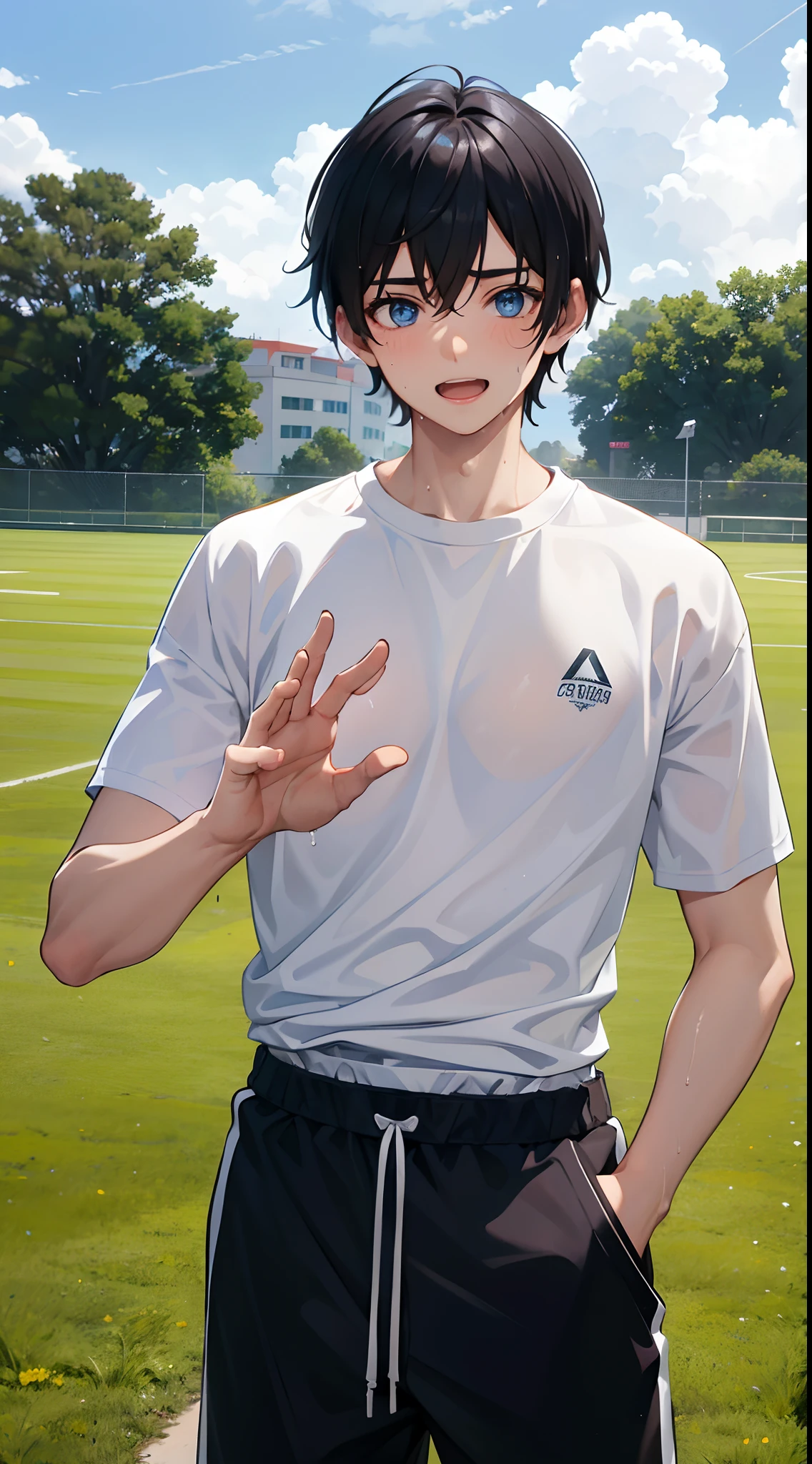 1 boy 19 years old, blue eyes, black hair, wearing a white sports shirt, wearing black gym shorts, wearing white sneakers, face sweats a lot, drenched in sweat, surprised face, surprised eyes, smile, waving hand, sunny weather, noon, standing, resting place next to the jogging field, extremely detailed, best graphics, 8k, ultrasharp, masterpiece