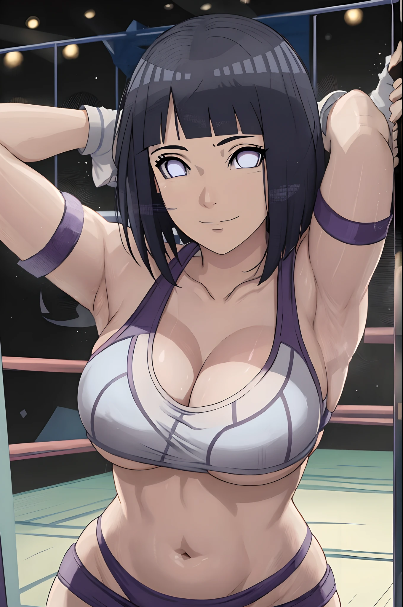 anime style, wrestling ground, (hinata\(boruto\), (female wrestler), (slender body), mature woman, milf, (bikini, pro wrestling gear) victorious, gorgeous, winner, kind face, smile, closed mouth, pale skin, shiny skin, (dark blue hair color:1.1), wavy hair, ((short hair, hime cut), big breasts, (only one arm stretching), long belly, closed fists, seductive, (perfect eyes, white sciera, bright eyes, white eyes, anime eyes, eyeshadow)
