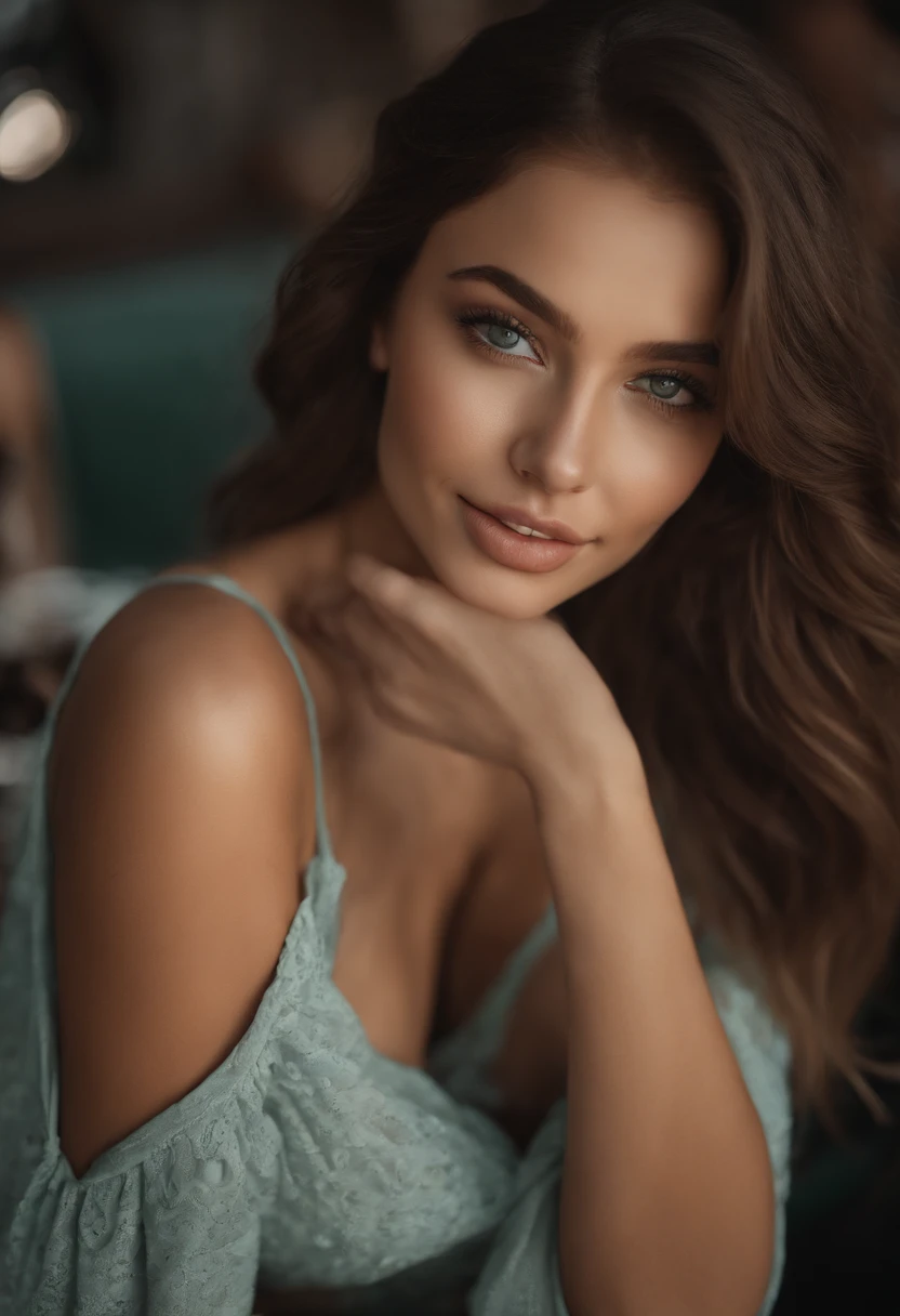 arafed woman with large breasts, sexy girl with green eyes, portrait sophie mudd, brown hair and large eyes, selfie of a young woman, violet myers, without makeup, natural makeup, looking directly at the camera, face with artgram, subtle makeup, piercing green eyes, beautiful angle, cute girl, full body picture, full body, brunette goddess, high detail, night club, party, fun, smile, drinking, partying, cheers