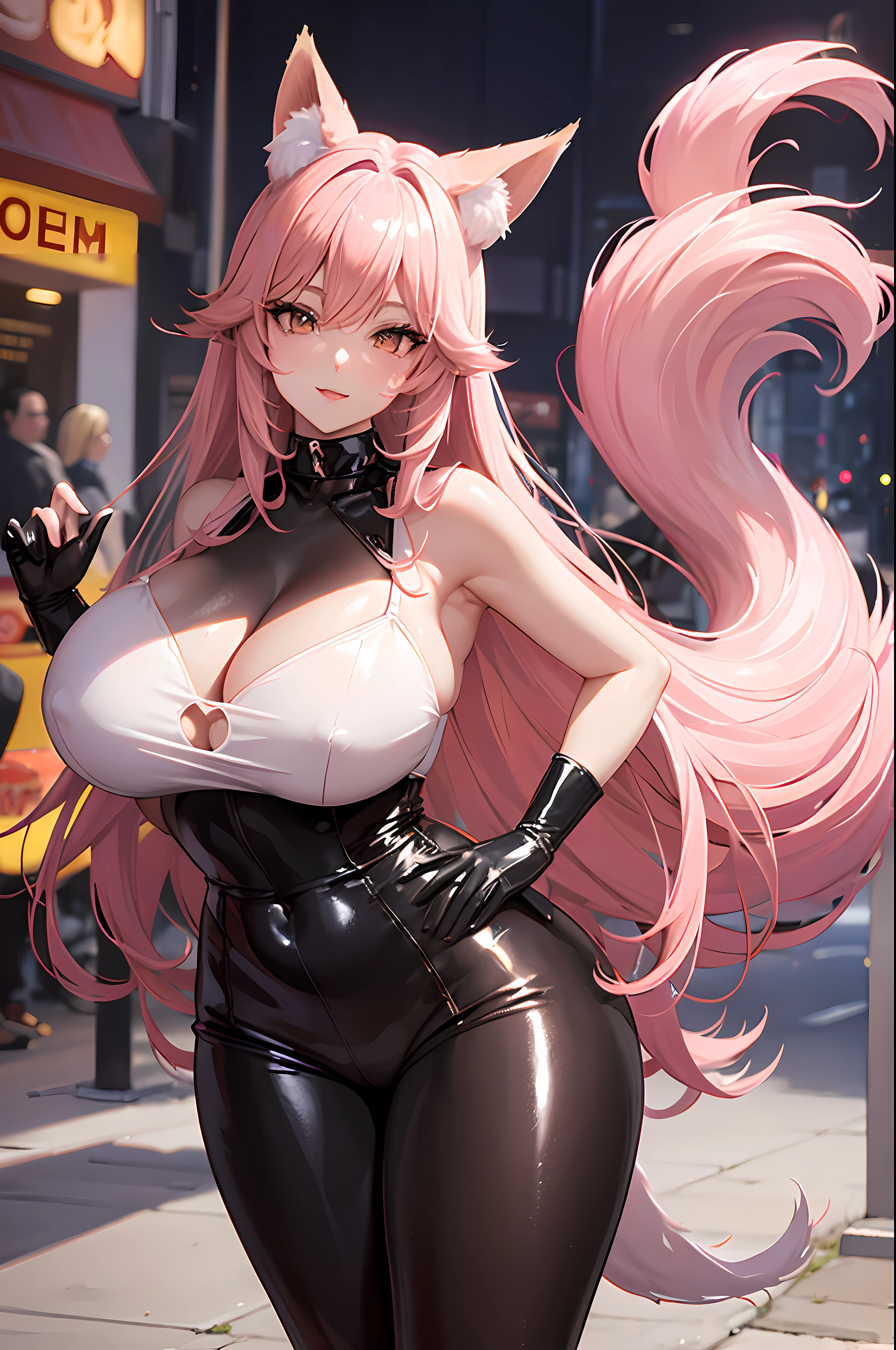 one woman, fox girl, fox ears, fox tail, mature woman, big breasts, plumb body, fat body, latex, springs, pink hair, sexy, thick thighs, tall woman, wide hips, revealing clothes, shiny clothes, make up, stripper, mommy,