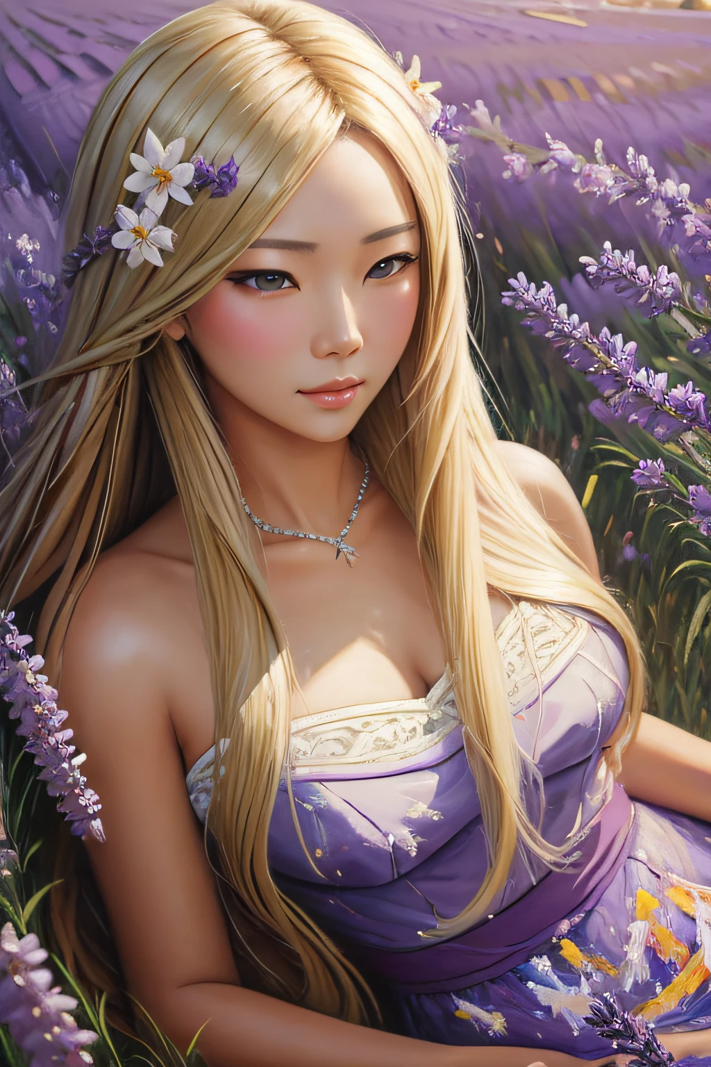 (oil painting:1.5), \\ asian woman with long blonde hair and lavenders flowers in her hair is laying down in a field of purple flowers, (amy sol:0.248), (stanley artgerm lau:0.106), (a detailed painting:0.353), (gothic art:0.106)
