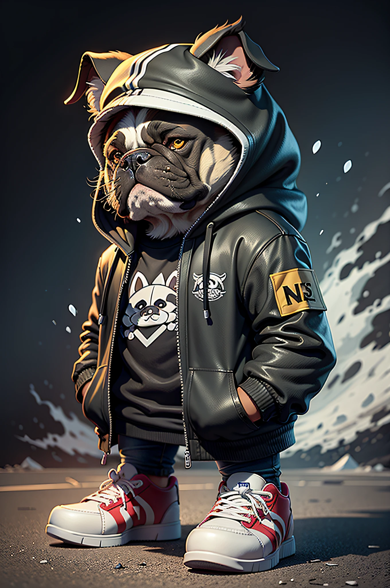 C4tt4stic, Cartoon black color face bulldog in jacket and skateboard