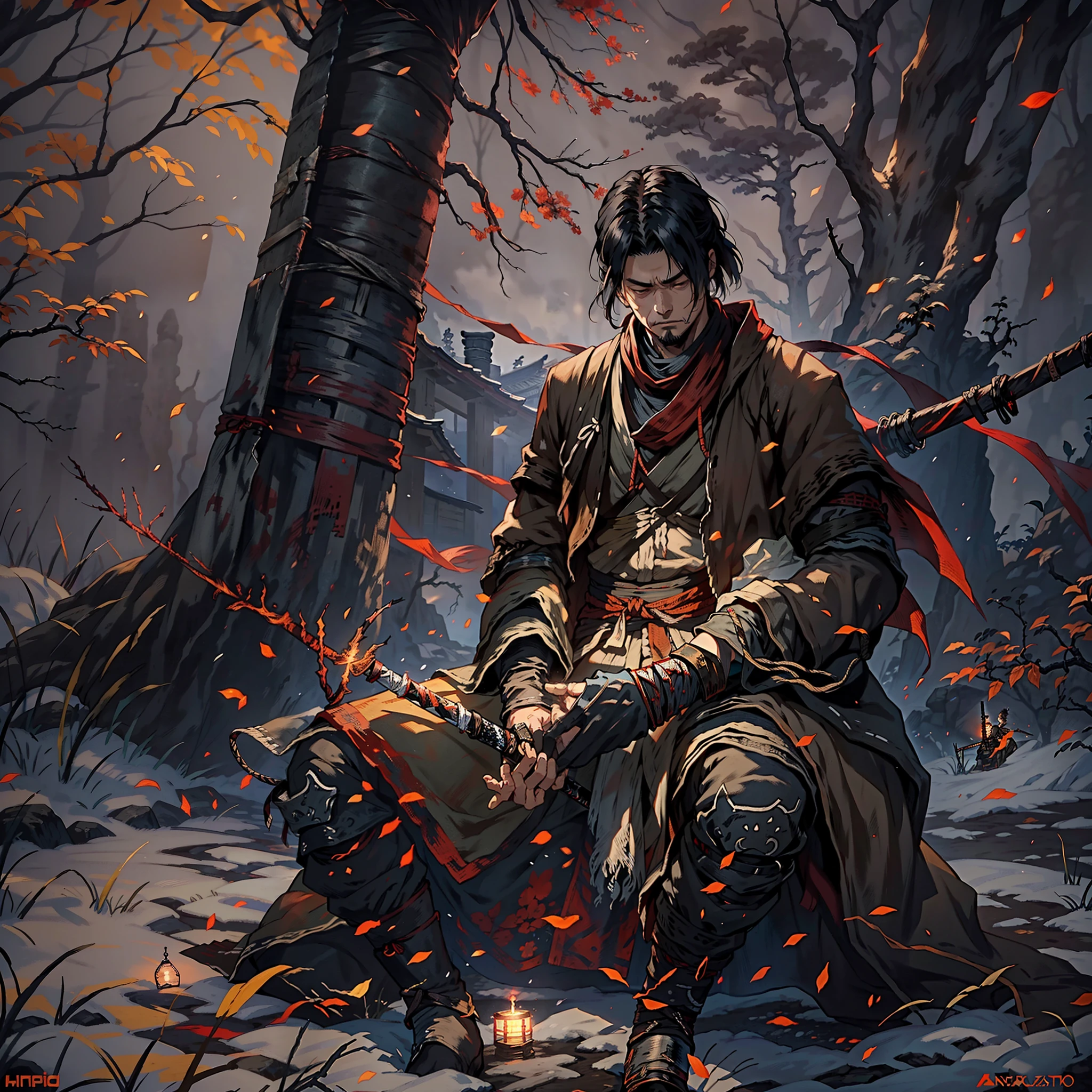 1hombre, solamente, Anillo Elden, meditando junto a hoguera, antorcha, sentado junto al fuego, transmitido por la sangre, Almas oscuras, (((Las sombras de SEKIRO mueren dos veces))),