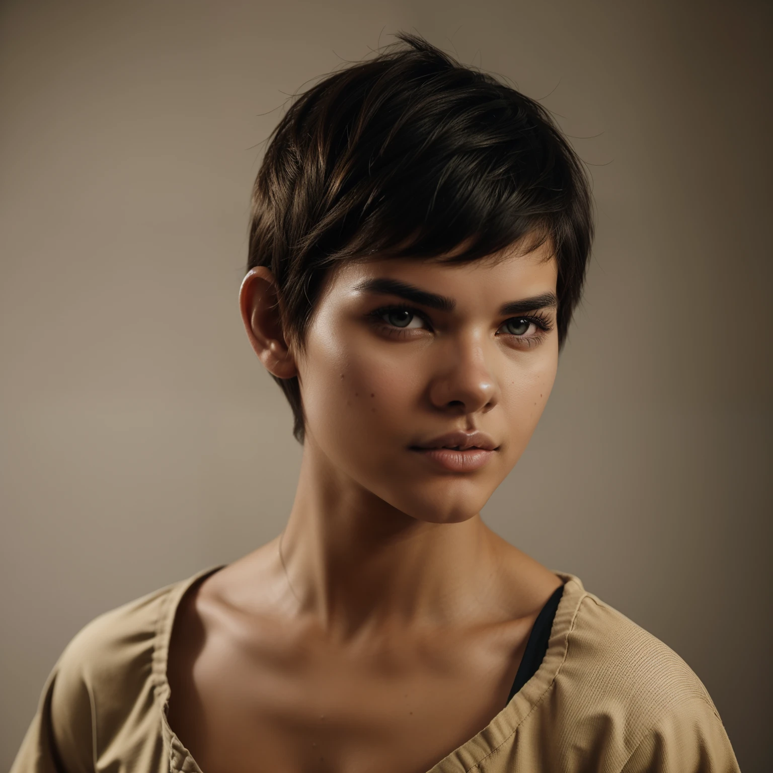 A Professional Photo Of An Indigenous Young Woman, ((Tupi Guarani Girl)), ((Tupinambá)), (21 Years Old), Tanned Skin Tone, ((Face Features Of Taylor Lautner)), ((Androgynous Face Features)), ((Pixie Cut Hair)), Curly Black Hair, Flowy Hairstyle, Messy Hair, Pores, Realistic Skin, Brown Eyes, Wearing Makeup, Wearing Streetwear Clothing Style, ((Tomboy Clothing Style)), Studio Background, 90s Style Photography, Mugshot, Face Focused