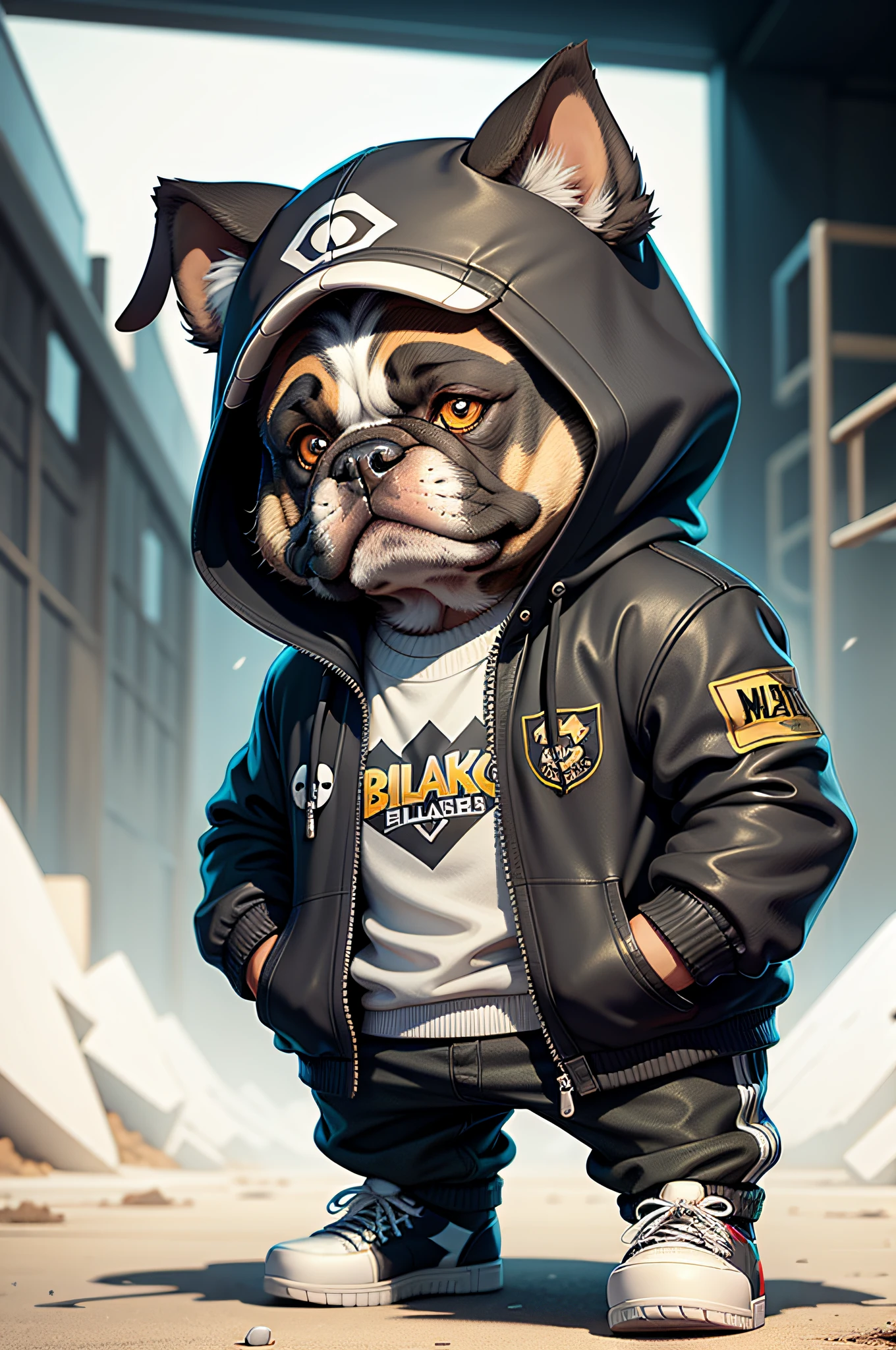 C4tt4stic, Cartoon black color bulldog in jacket and skateboard、Playing basketball