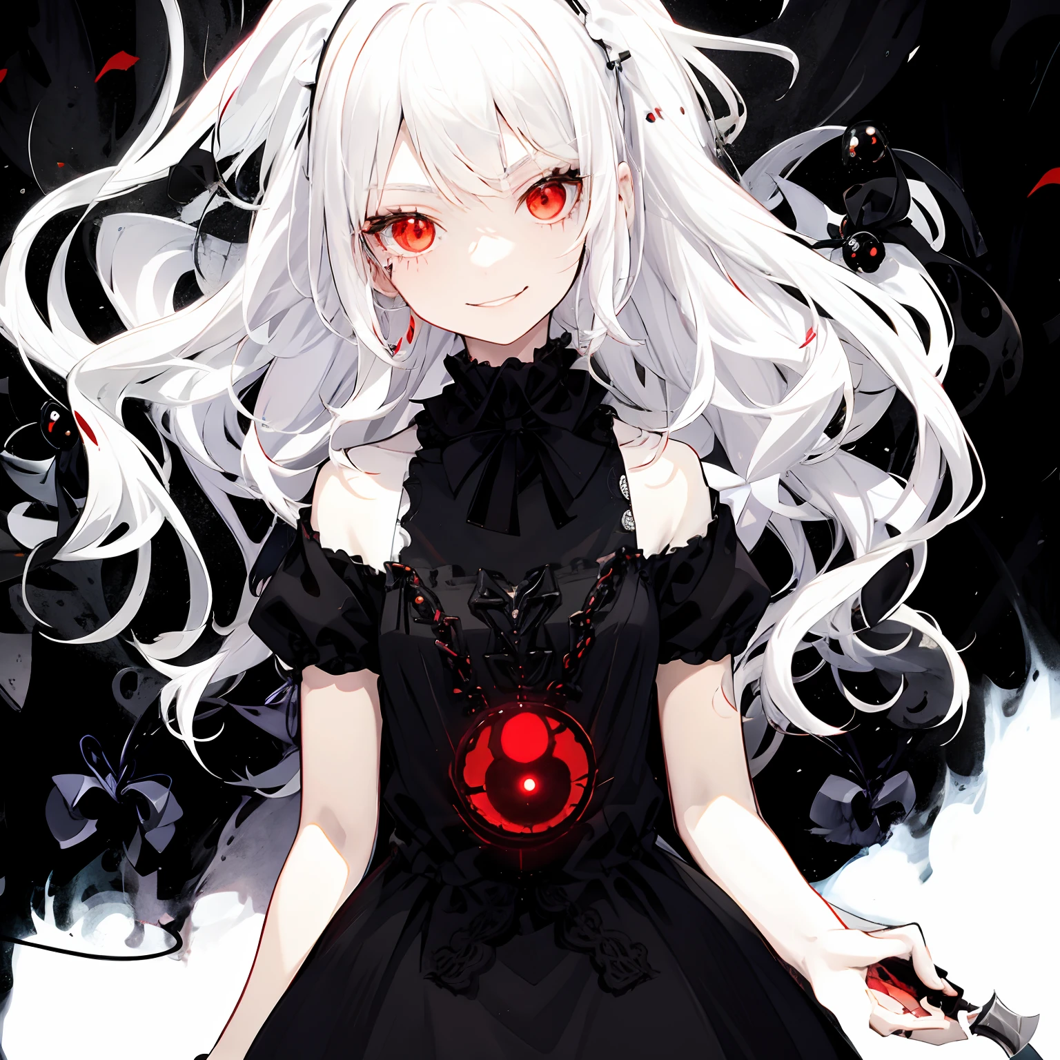 Anime girl with white hair and red eyes with a knife, gothic maiden anime girl, demon anime girl, gapmoe yandere grimdark, with red glowing eyes, with glowing red eyes, white-haired god, 1 7 -  - old me goth girl, Vampire girl, (Anime girl), with red eyes, Anime girl wearing black dress, white haired Cangcang