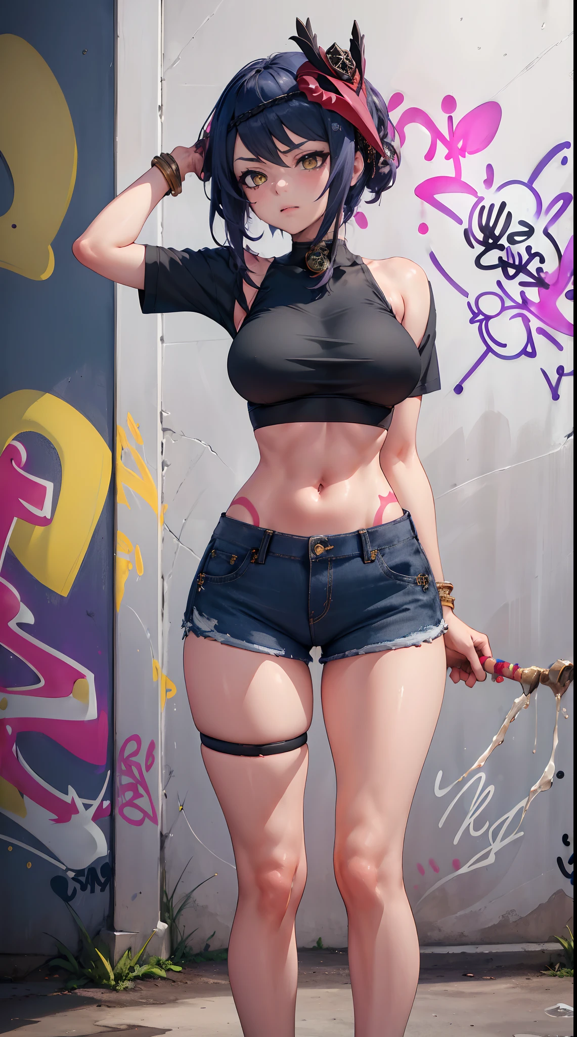 Kujou Sara Genshin Effect, masterpiece, bestquality, 1girls, mediuml breasts,Ponytail, bara, crop top, shorts jeans, choker, (Graffiti:1.5), Splash of color with a purple bolt pattern., arm behind back, against wall, looking at the audience, bracelet, Thigh strap, Head tilt, bored, Ponytail, water eyes,