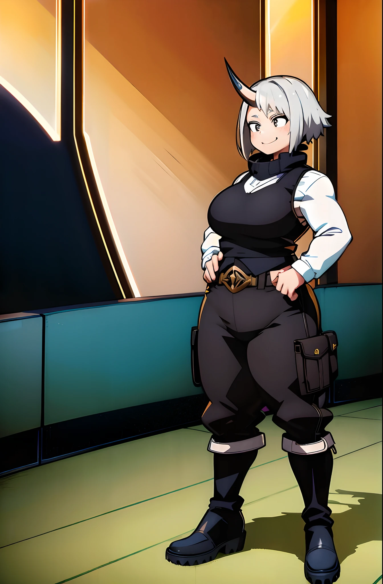 silver hair, single horn, big girl, robust, muscle girl, vest, pants, short hair, chubby face, solo focus, standing, black clothes,medium breast, tomboy, black coat full body, standing, sharpteeth ,smile, long sleeves, living hair, energic hair,, boots, solo