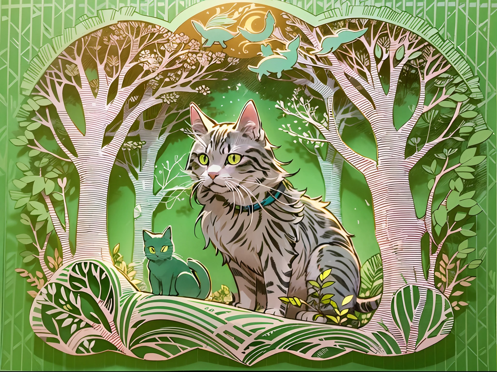 A paper cut art of a cat wizard and a forest, where the cat is casting a spell with its wand and the trees are glowing with magic.